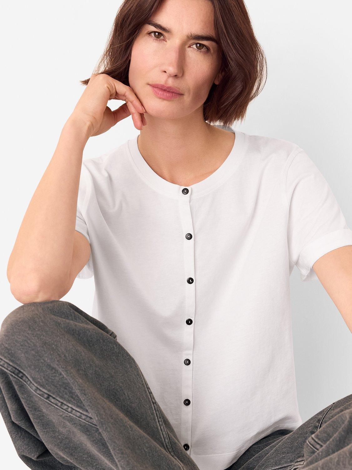 Product image 1 of 5, which shows Whistles Round Neck Cotton Button Up T-Shirt, White, XS