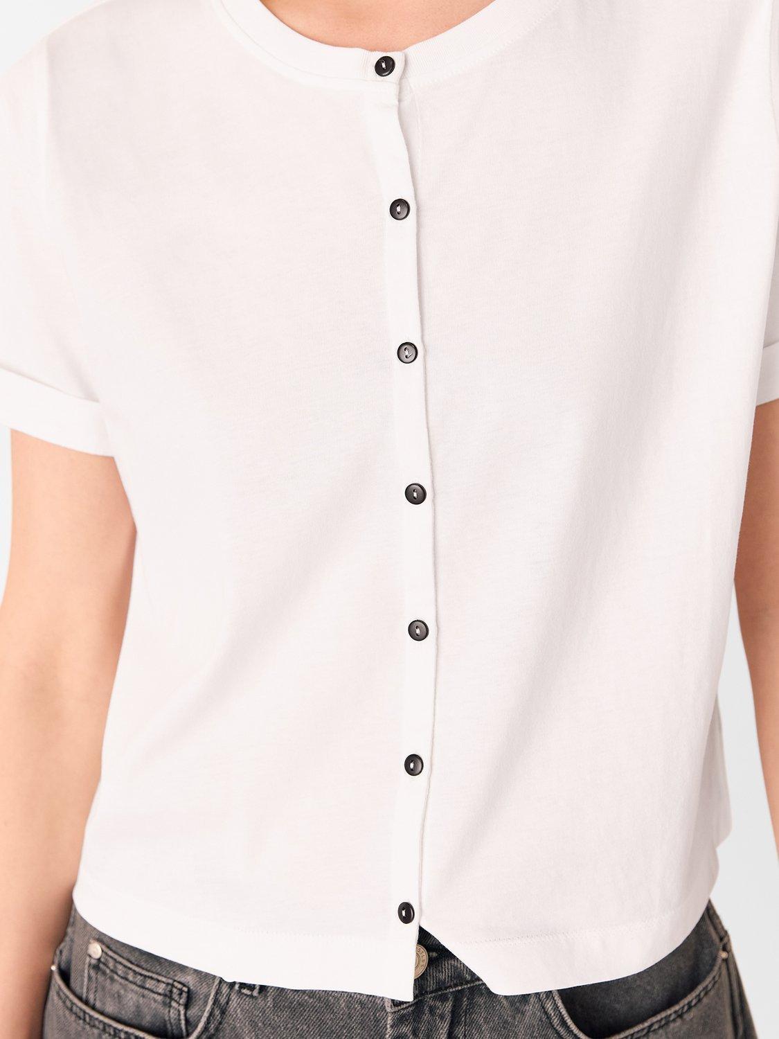 Product image 3 of 5, which shows Whistles Round Neck Cotton Button Up T-Shirt, White, XS