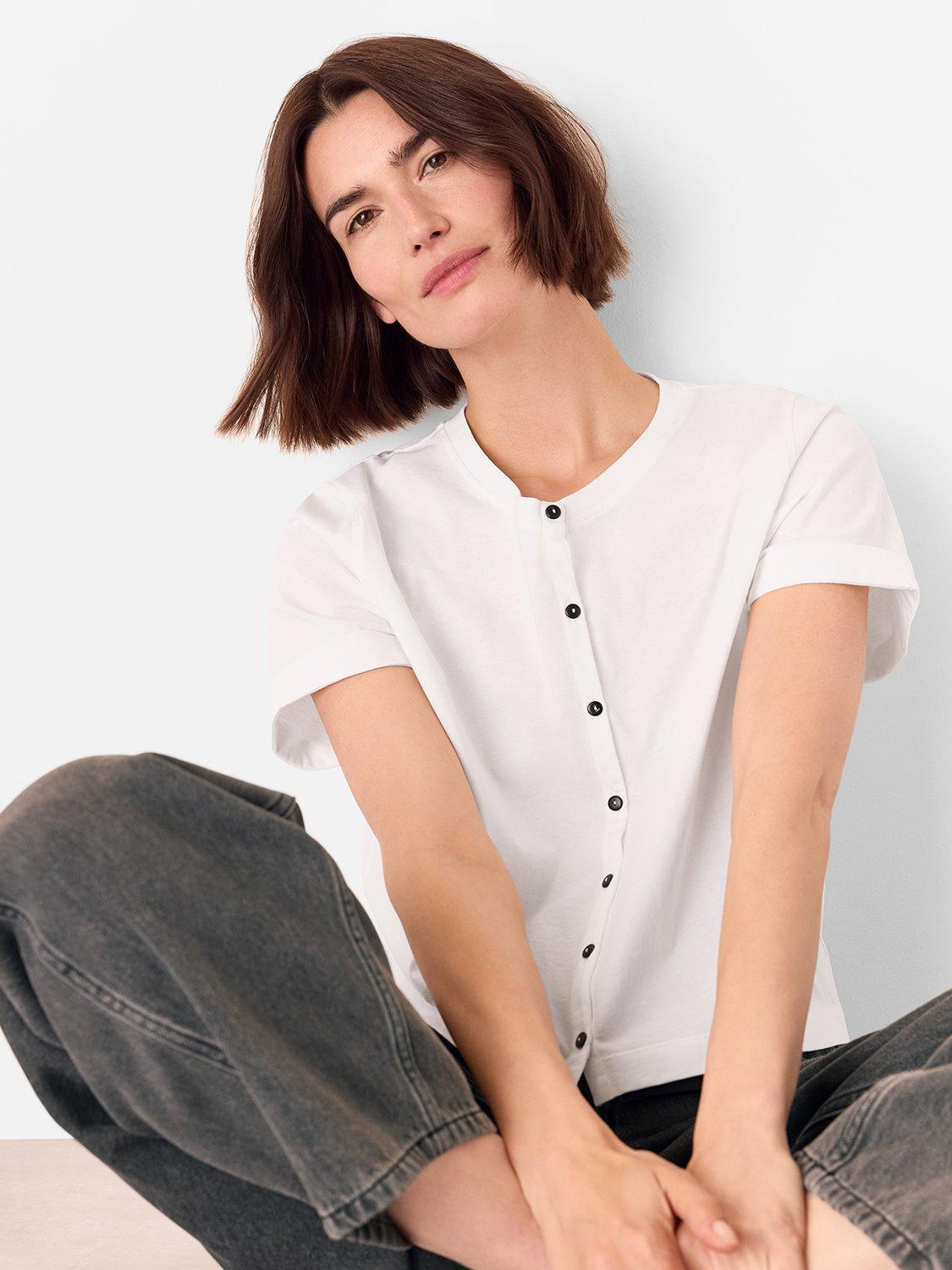 Product image 4 of 5, which shows Whistles Round Neck Cotton Button Up T-Shirt, White, XS