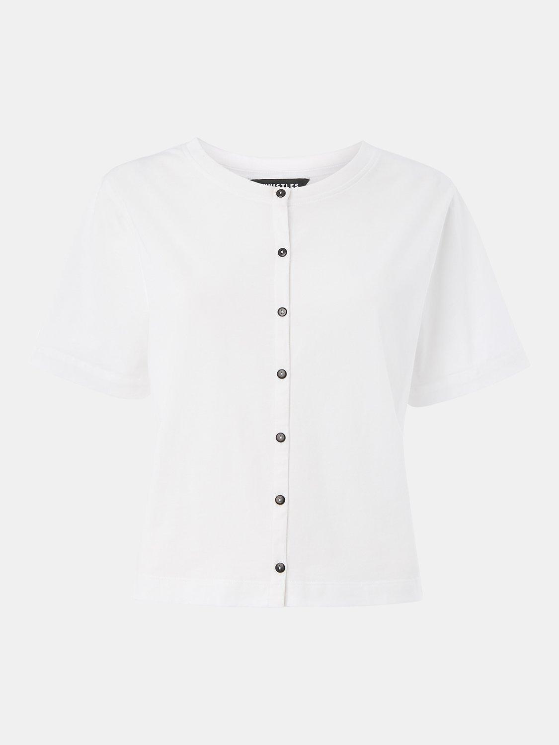 Product image 5 of 5, which shows Whistles Round Neck Cotton Button Up T-Shirt, White, XS