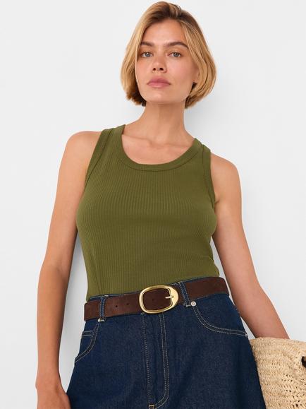 Whistles Ultimate Rib Scoop Neck Sleeveless Top, Khaki