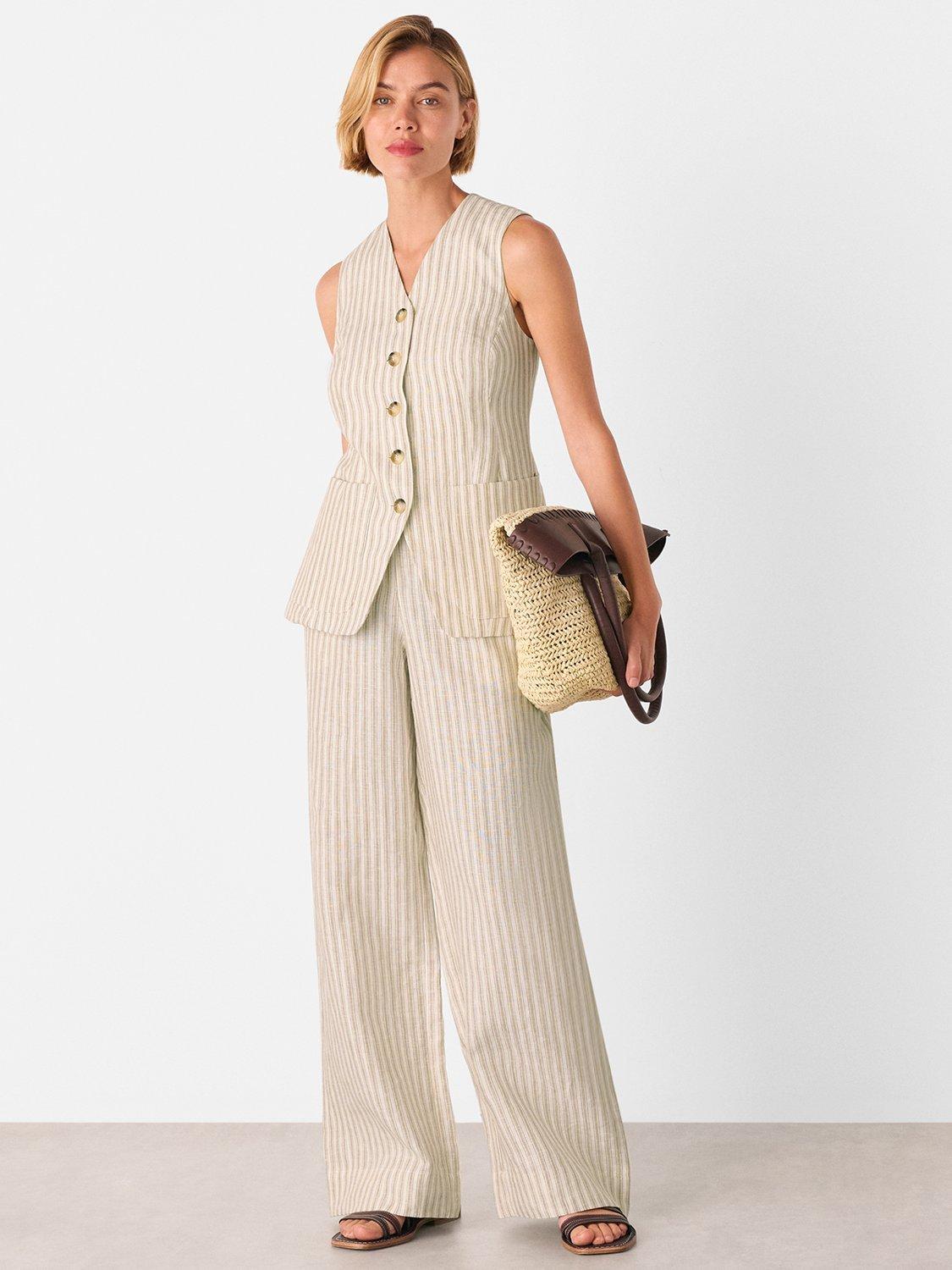 Product image 3 of 5, which shows Whistles Stripe Pure Linen Trousers, Neutral, 6