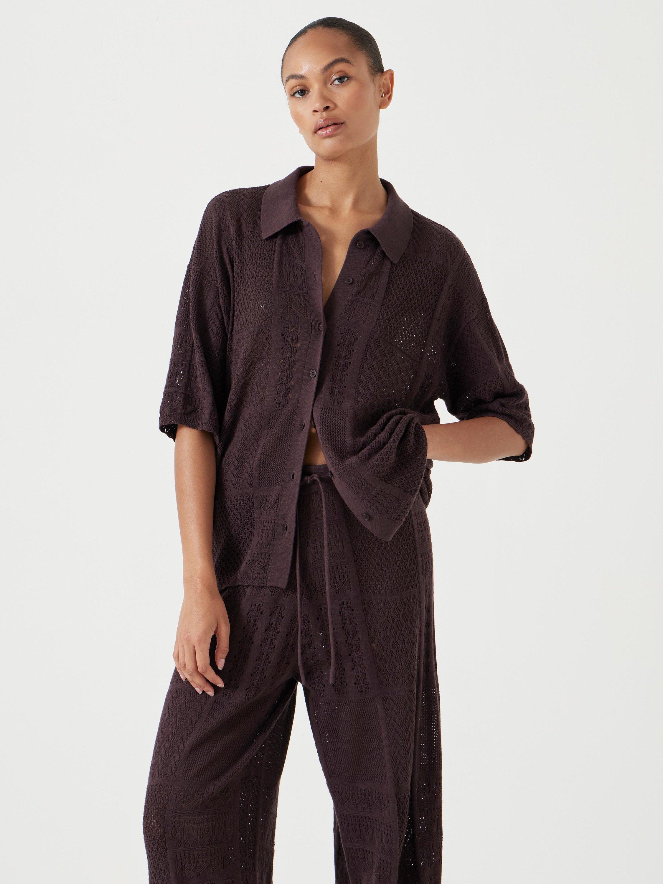 Product image 1 of 5, which shows HUSH Stitch Textured Collar Top, Chocolate Torte, XS-S