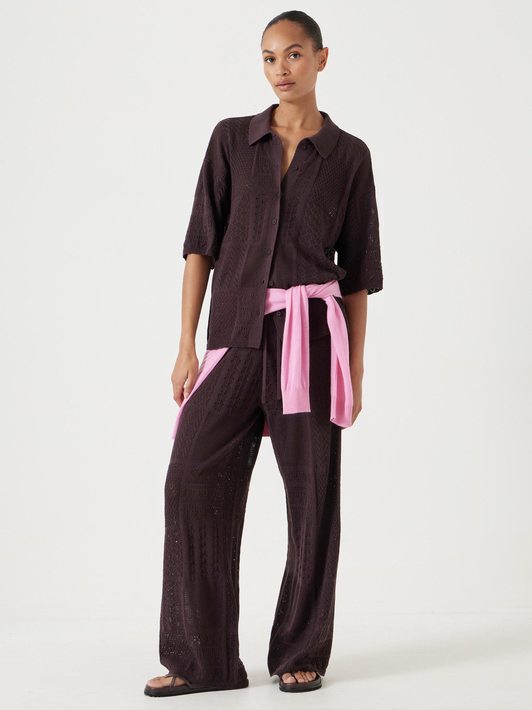 Product image 2 of 5, which shows HUSH Stitch Textured Collar Top, Chocolate Torte, XS-S