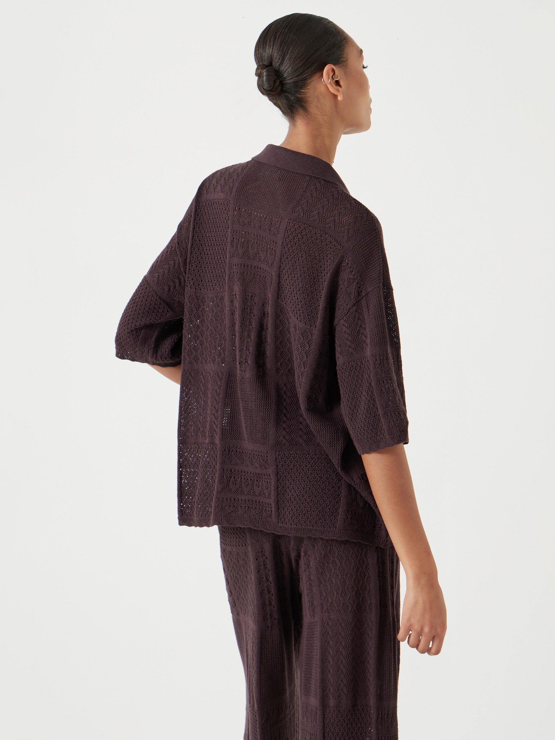 Product image 3 of 5, which shows HUSH Stitch Textured Collar Top, Chocolate Torte, XS-S