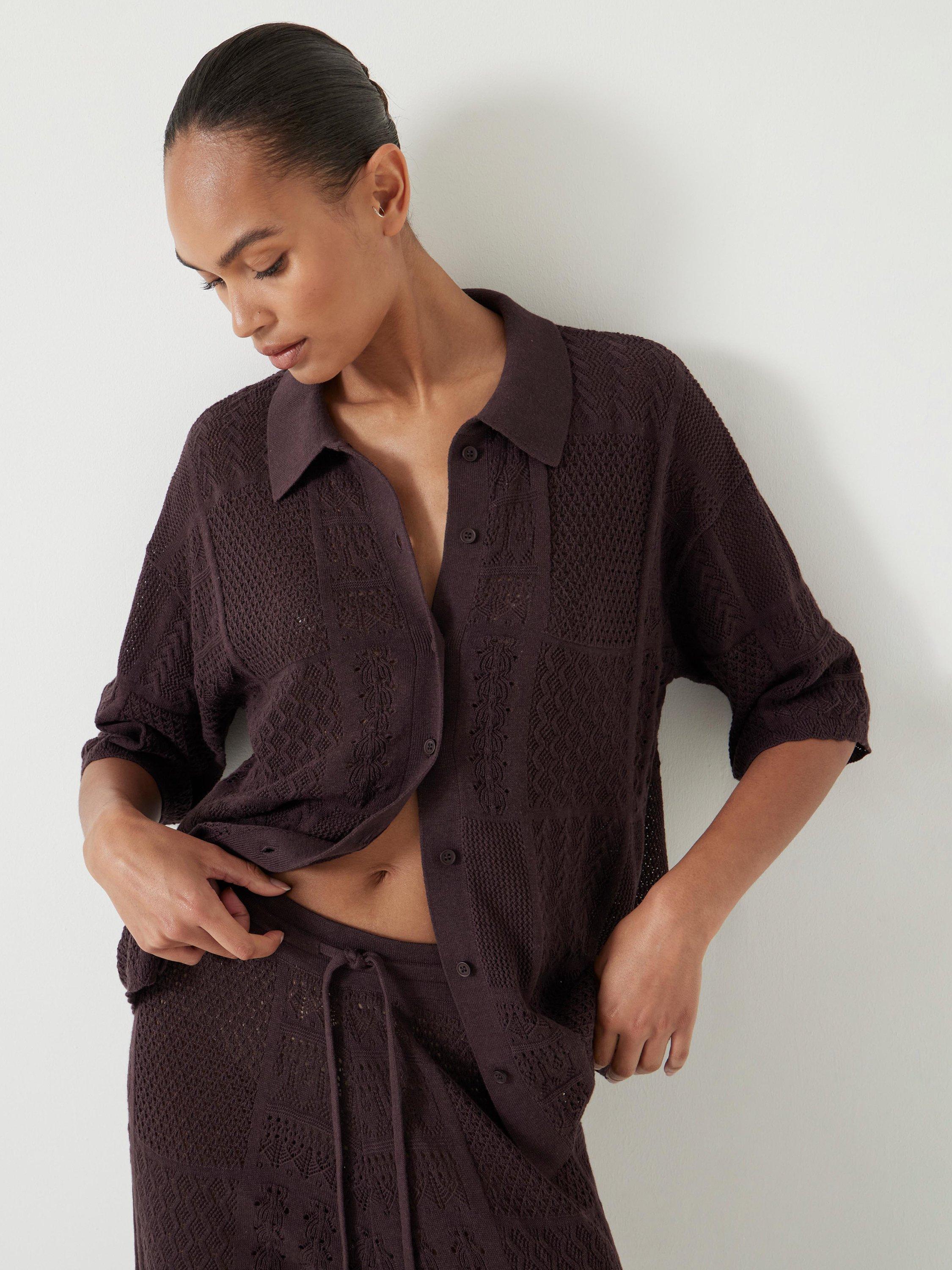 Product image 4 of 5, which shows HUSH Stitch Textured Collar Top, Chocolate Torte, XS-S