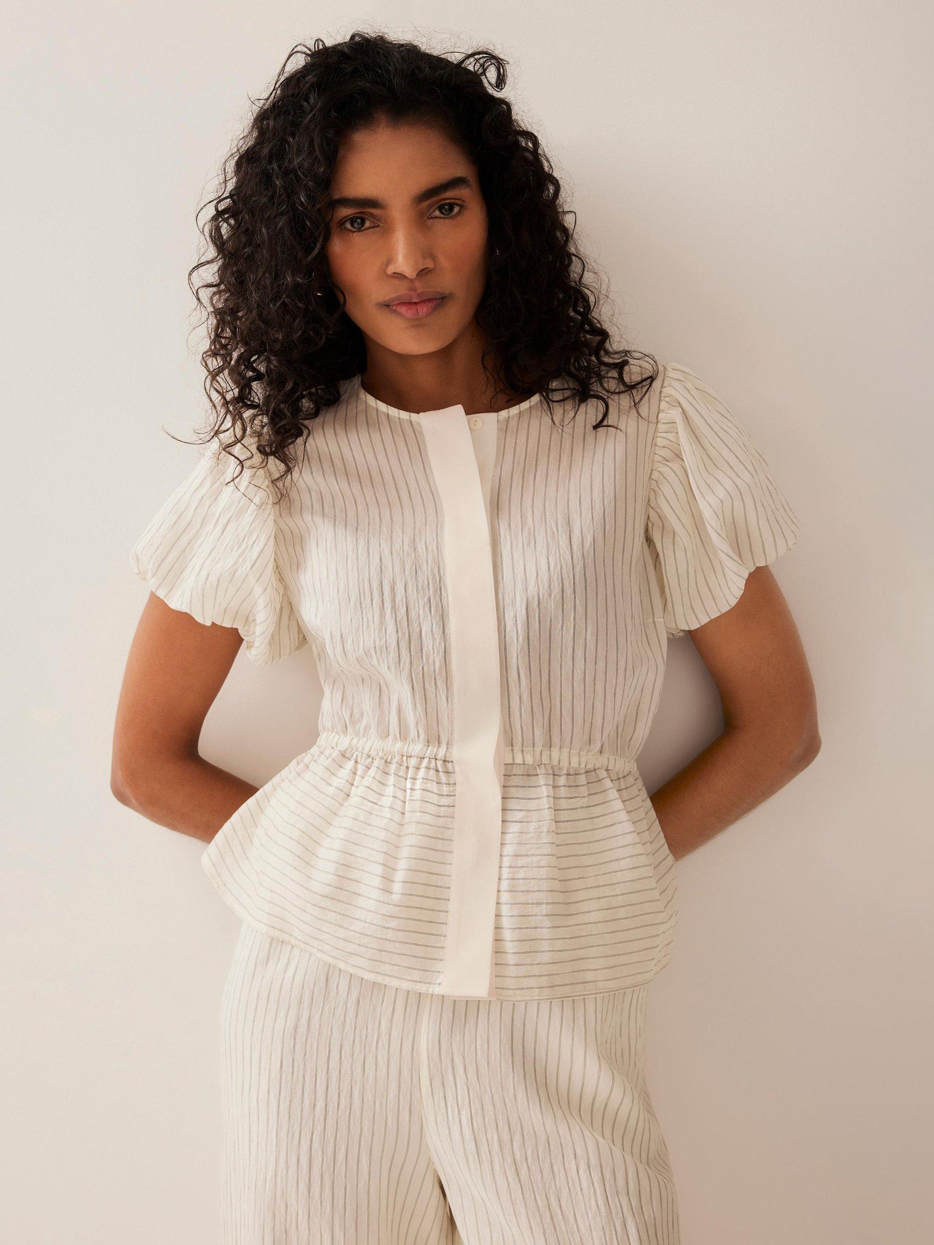 Product image 1 of 8, which shows Mint Velvet Neutral Stripe Puff Sleeve Peplum Top, Cream, XL