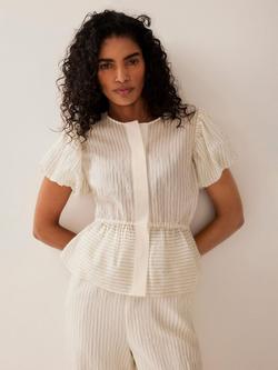 Mint Velvet Neutral Stripe Puff Sleeve Peplum Top, Cream