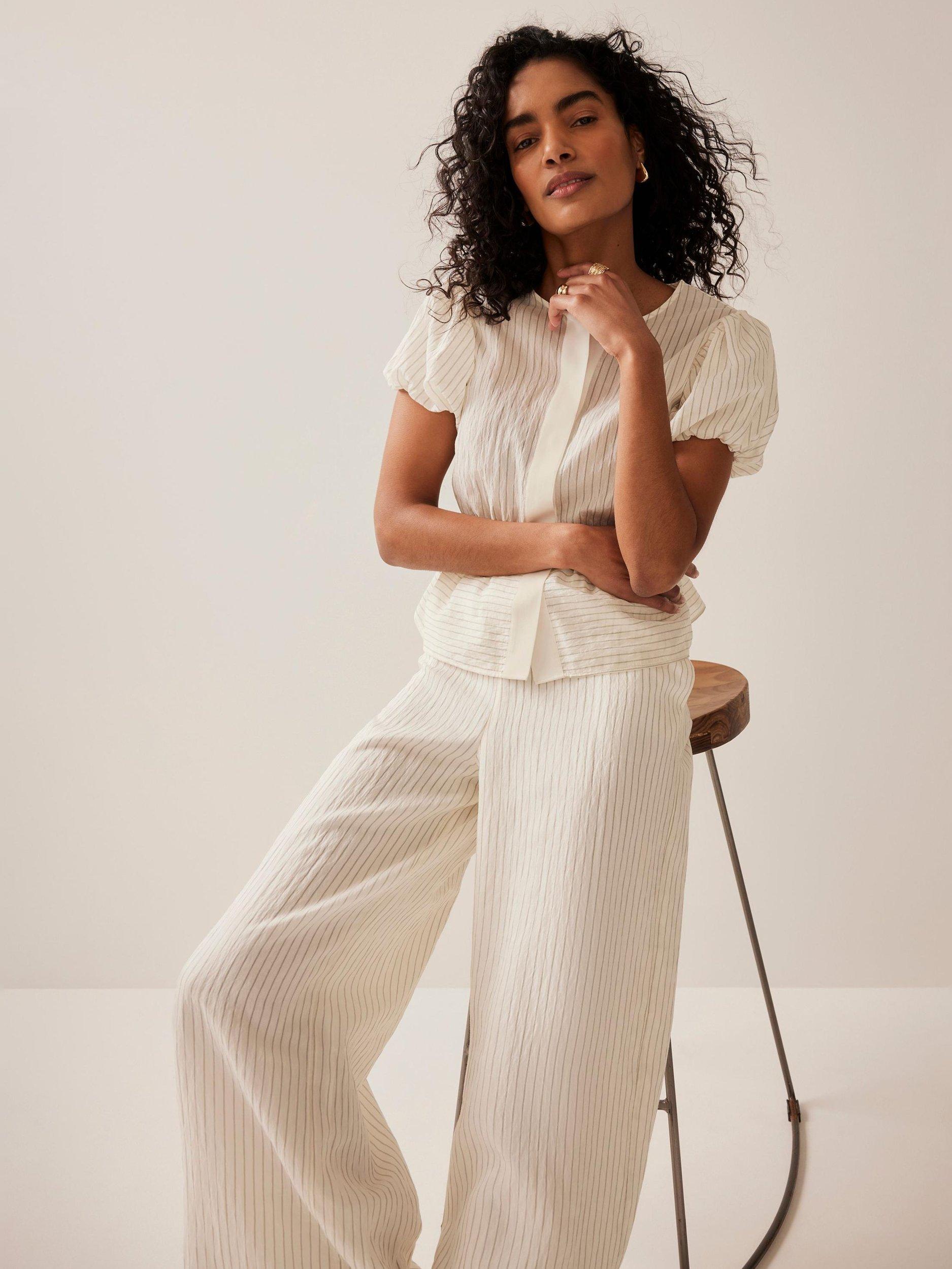 Product image 2 of 8, which shows Mint Velvet Neutral Stripe Puff Sleeve Peplum Top, Cream, XL