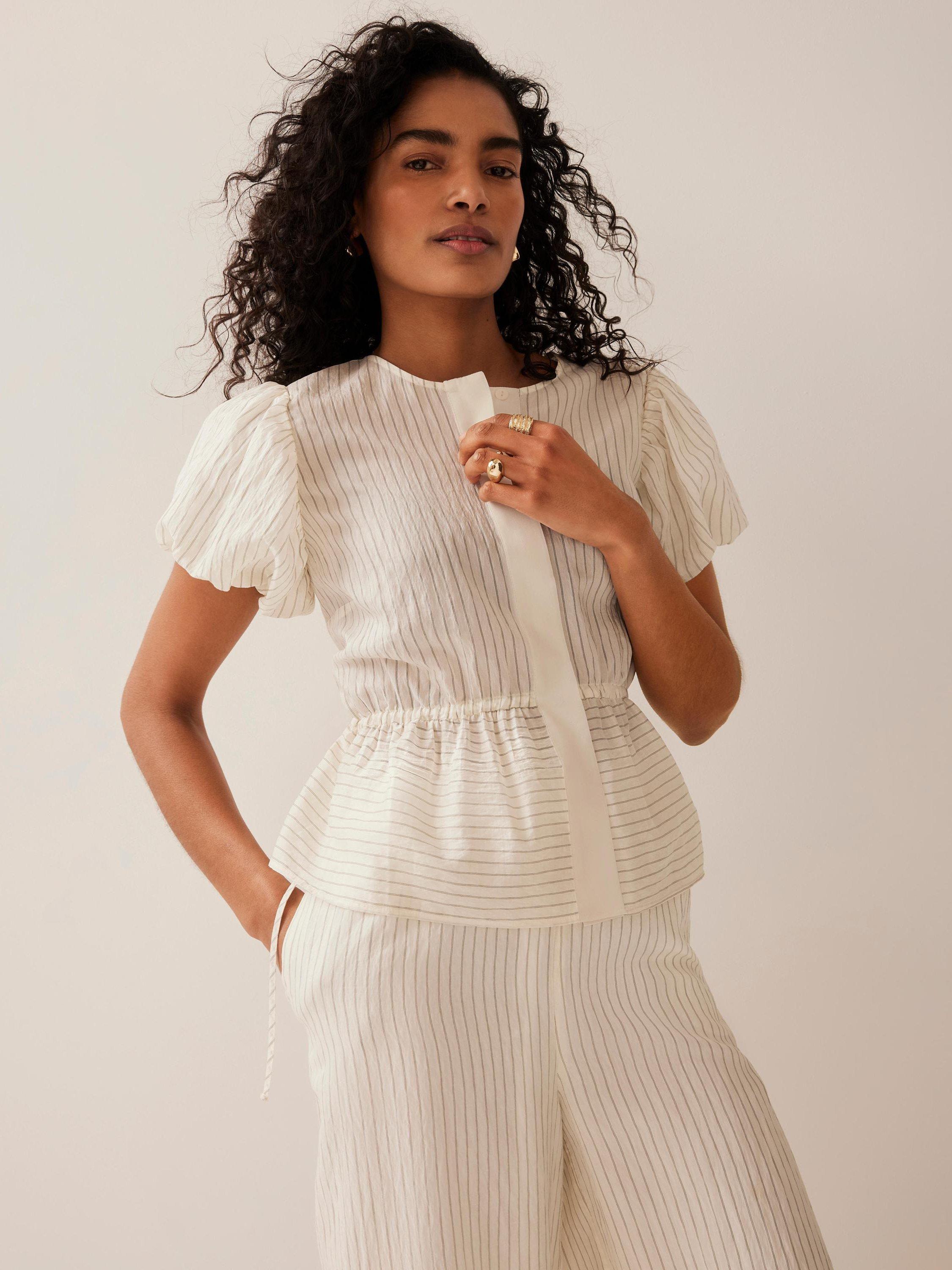 Product image 3 of 8, which shows Mint Velvet Neutral Stripe Puff Sleeve Peplum Top, Cream, XL