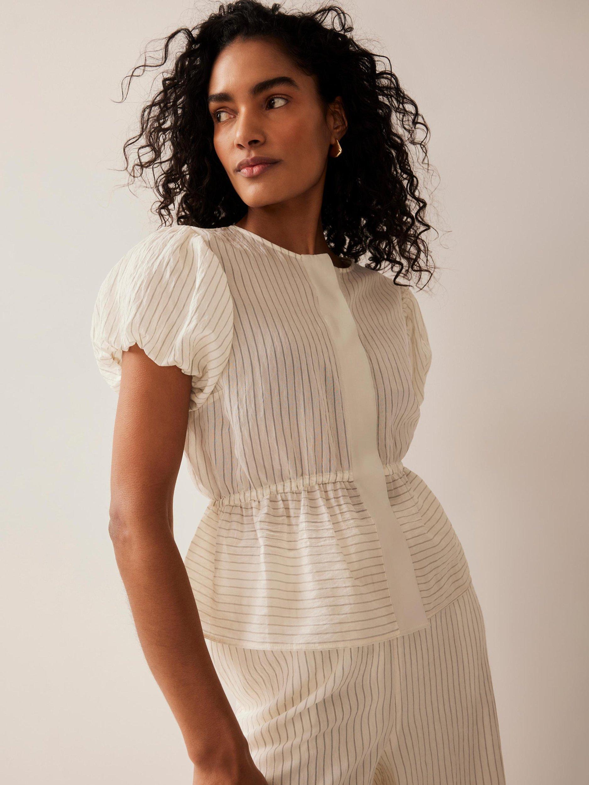 Product image 4 of 8, which shows Mint Velvet Neutral Stripe Puff Sleeve Peplum Top, Cream, XL