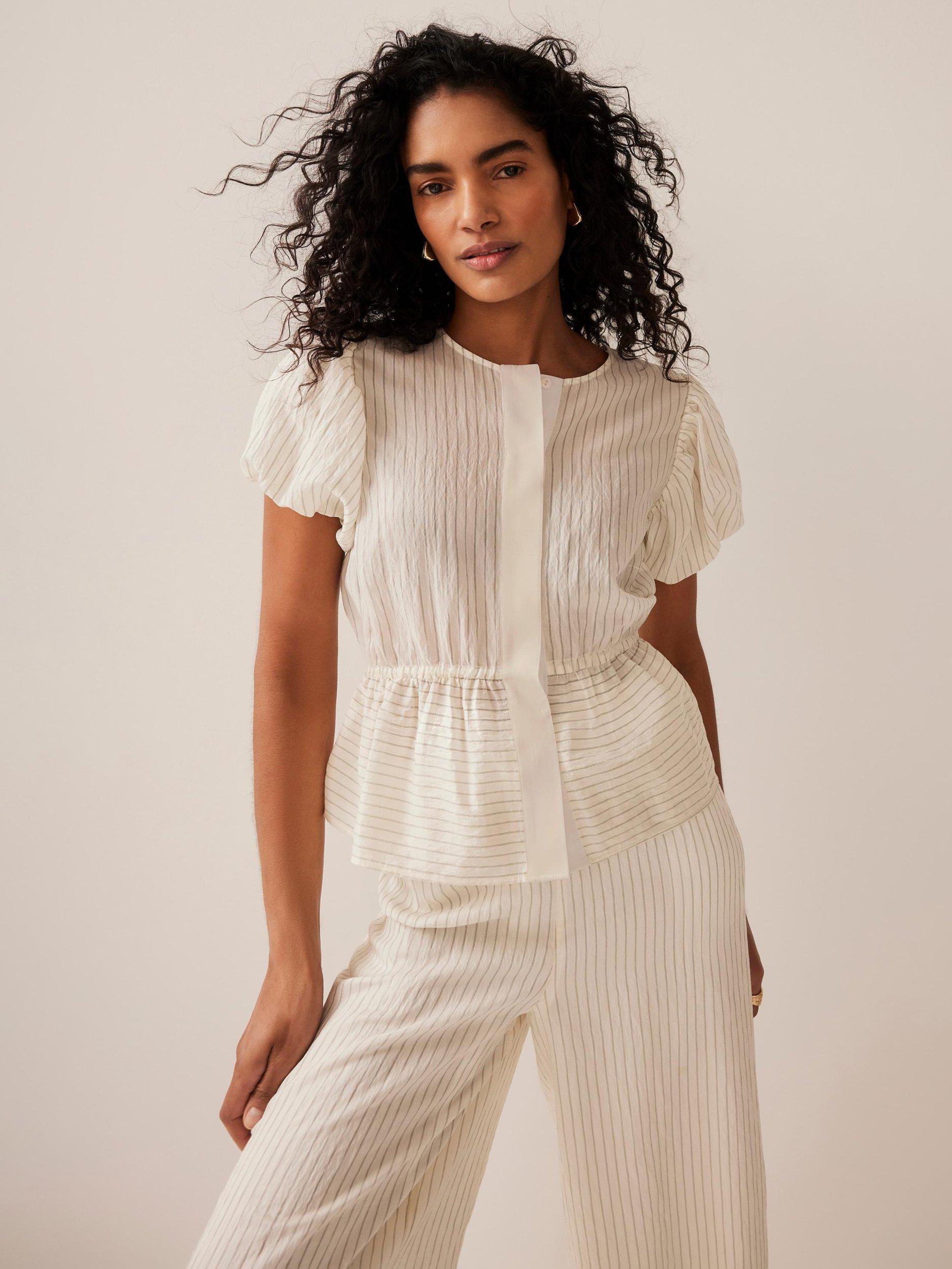 Product image 6 of 8, which shows Mint Velvet Neutral Stripe Puff Sleeve Peplum Top, Cream, XL