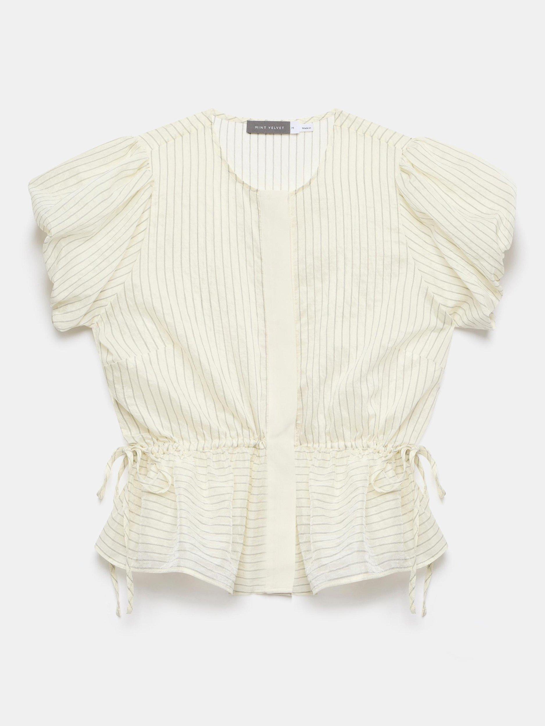 Product image 7 of 8, which shows Mint Velvet Neutral Stripe Puff Sleeve Peplum Top, Cream, XL