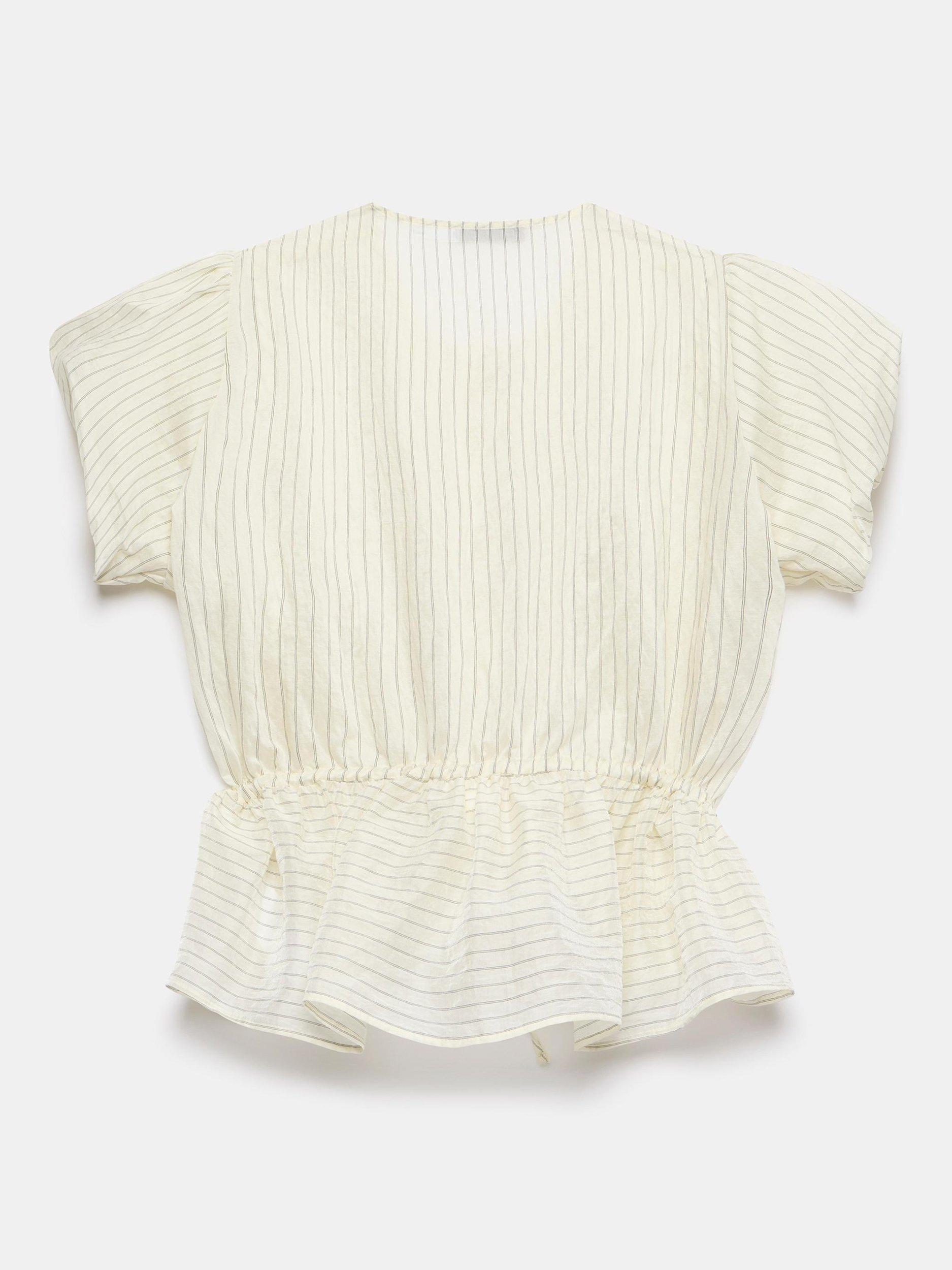 Product image 8 of 8, which shows Mint Velvet Neutral Stripe Puff Sleeve Peplum Top, Cream, XL