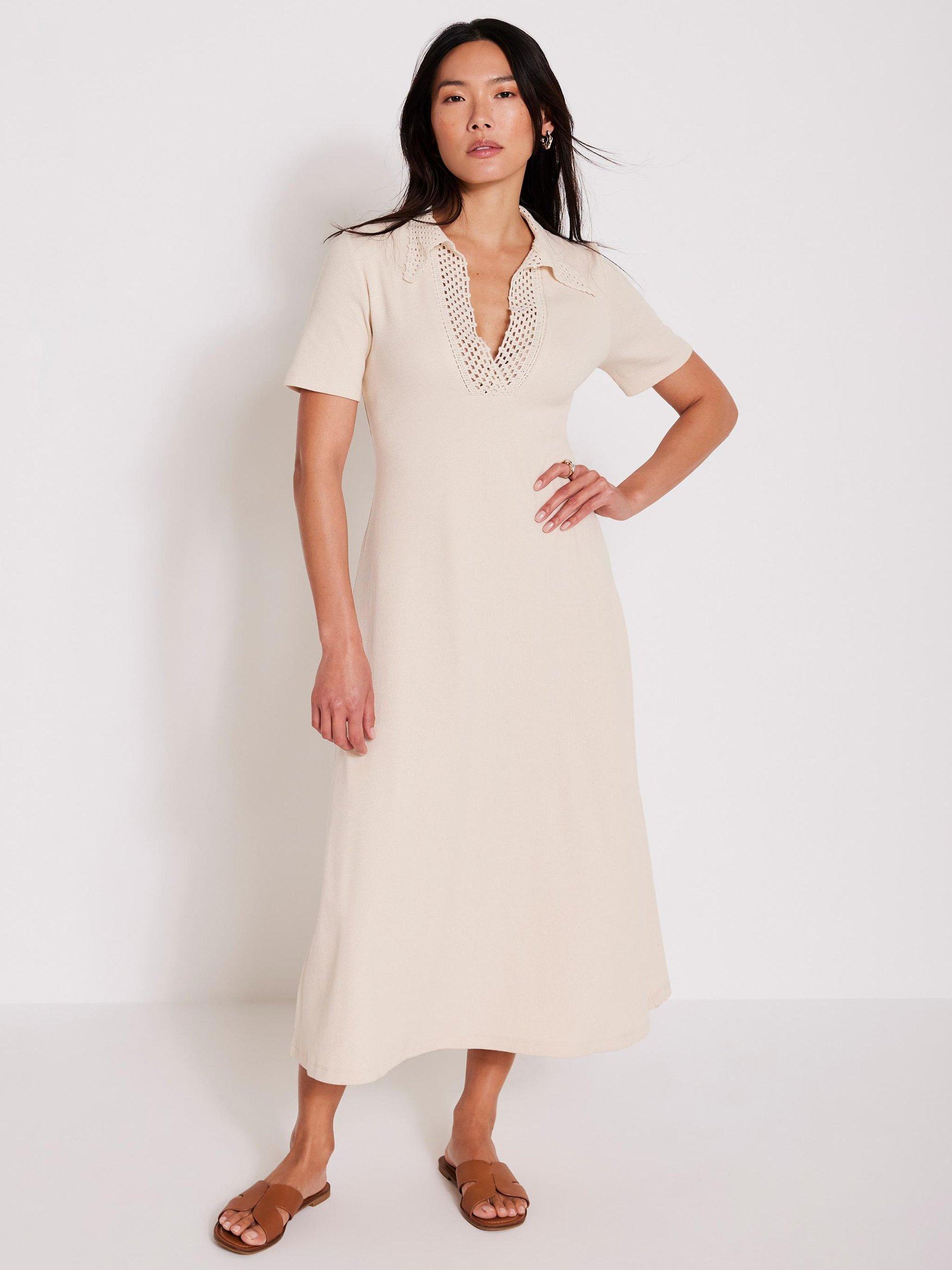 Product image 1 of 7, which shows Mint Velvet Crochet Collar Midi Dress, Natural, XS