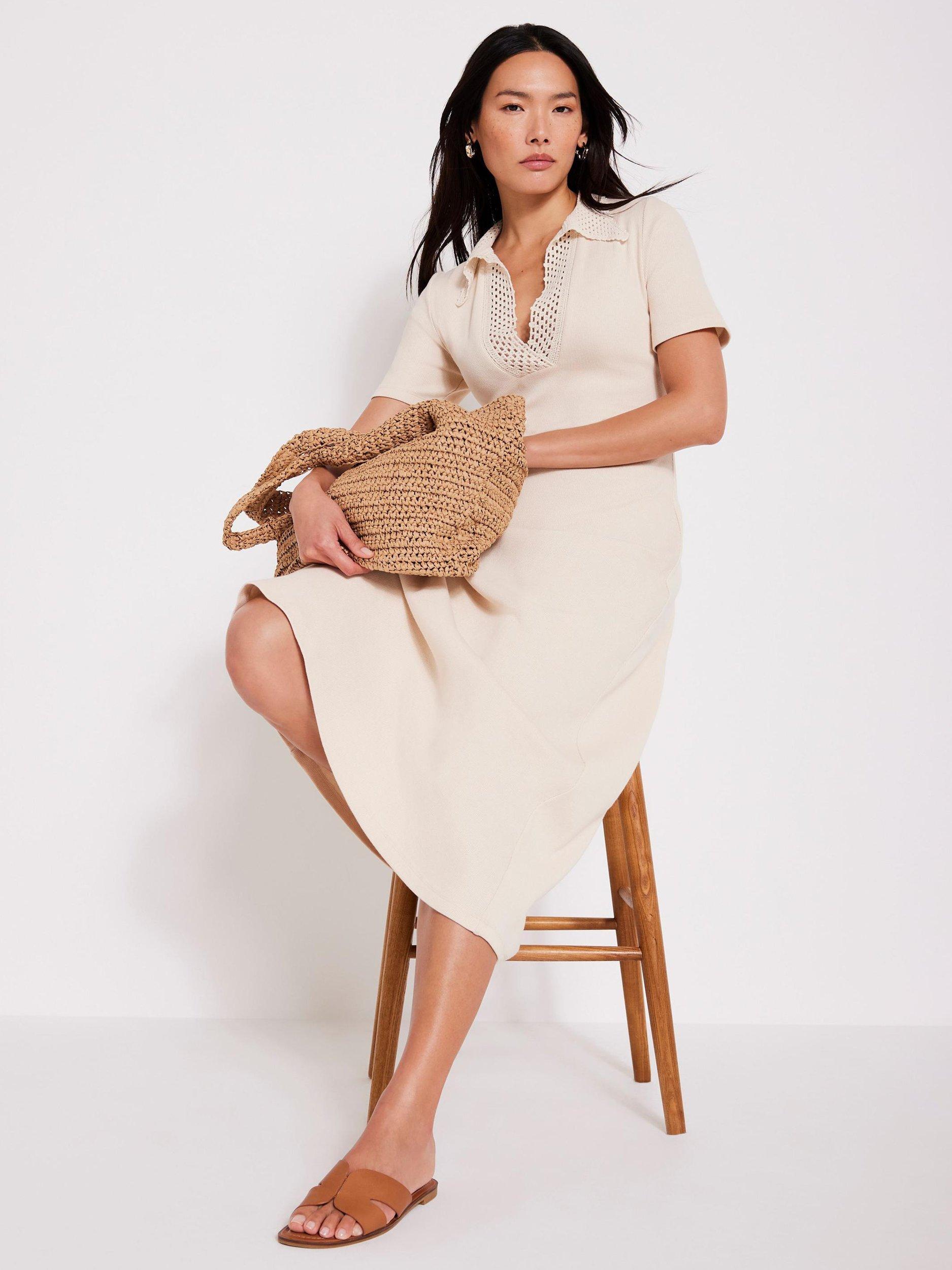 Product image 4 of 7, which shows Mint Velvet Crochet Collar Midi Dress, Natural, XS