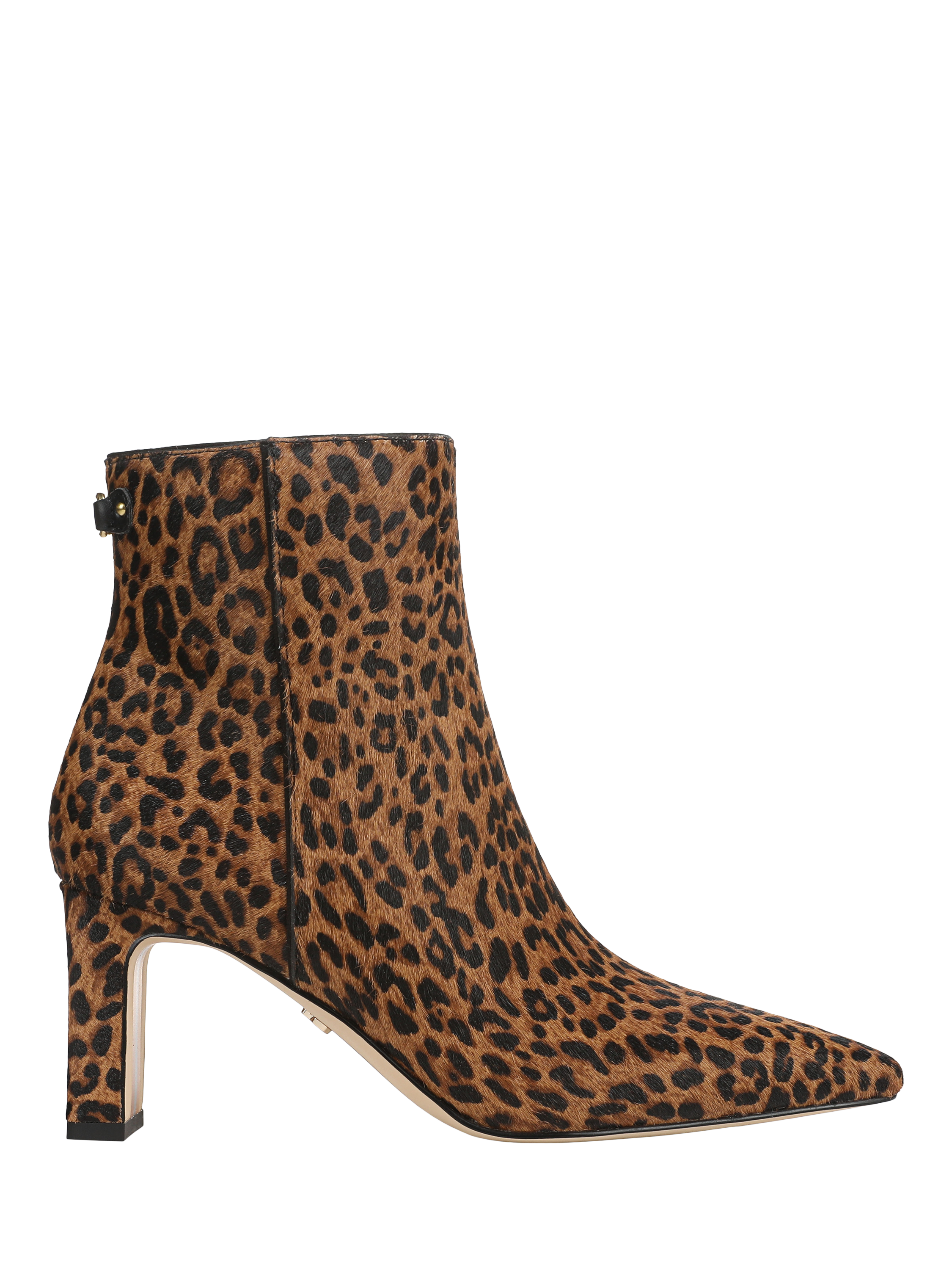 Product image 1 of 6, which shows Sam Edelman Saige Leather Leopard Print Stiletto Heel Ankle Boots, Granada Tan, 5