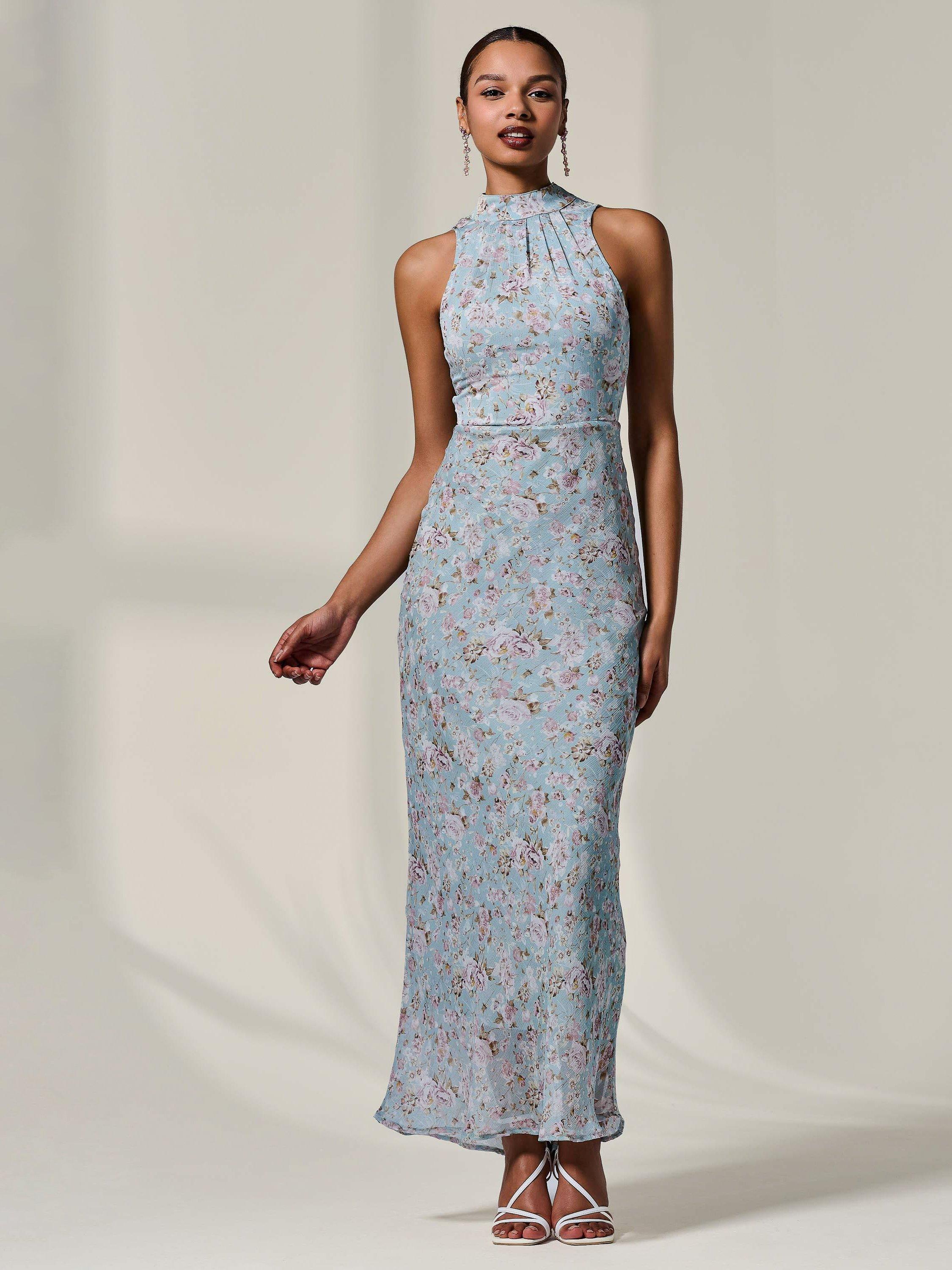 Product image 1 of 6, which shows Jolie Moi Floral Chiffon Halter Neck Dress, Blue/Multi, 8