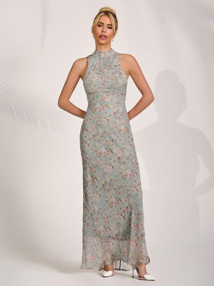 Jolie Moi Floral Chiffon Halter Neck Dress, Blue/Multi, Blue/Multi