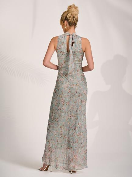 Jolie Moi Floral Chiffon Halter Neck Dress, Blue/Multi - view 2, Blue/Multi