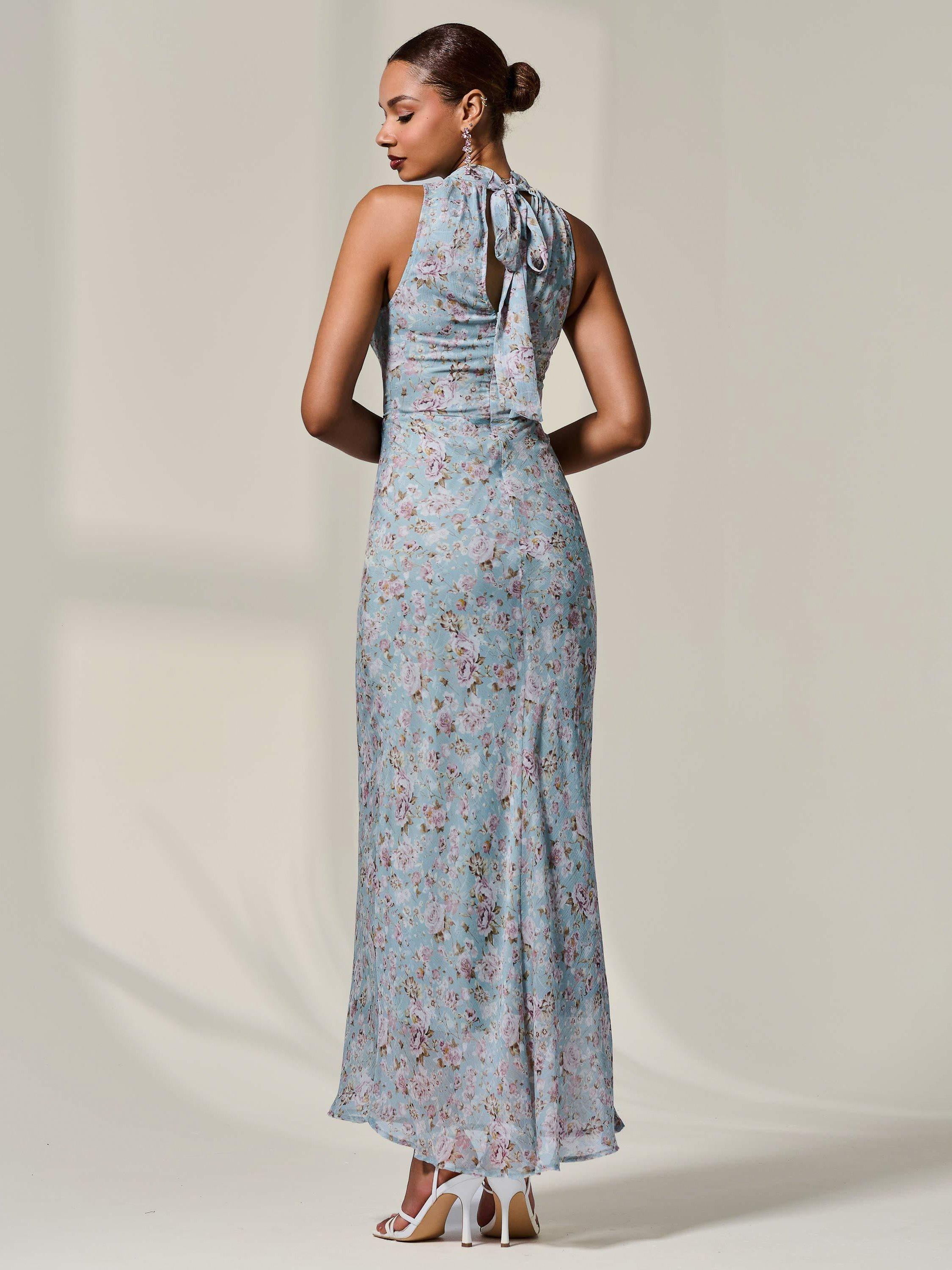 Product image 3 of 6, which shows Jolie Moi Floral Chiffon Halter Neck Dress, Blue/Multi, 8