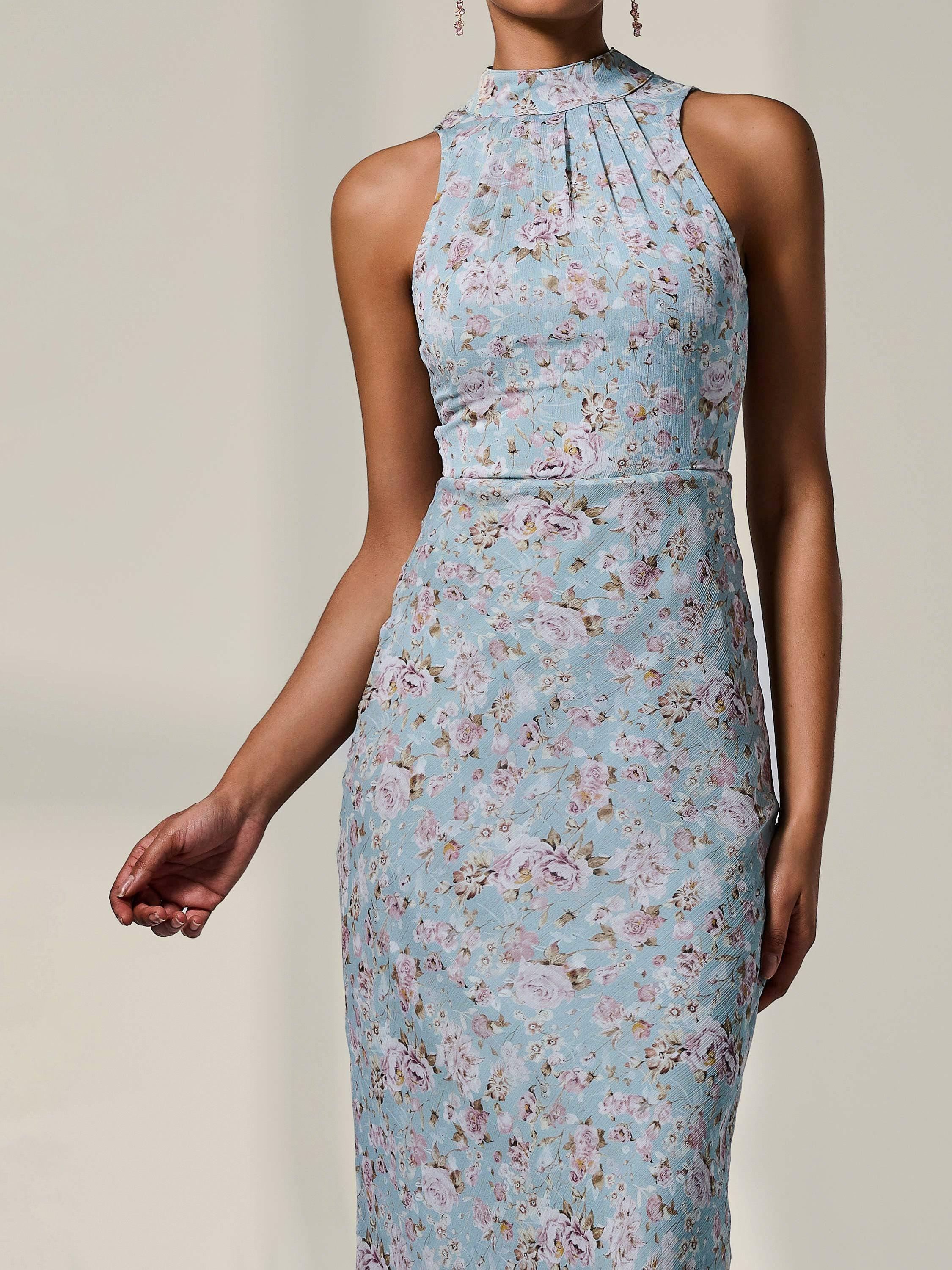 Product image 4 of 6, which shows Jolie Moi Floral Chiffon Halter Neck Dress, Blue/Multi, 8