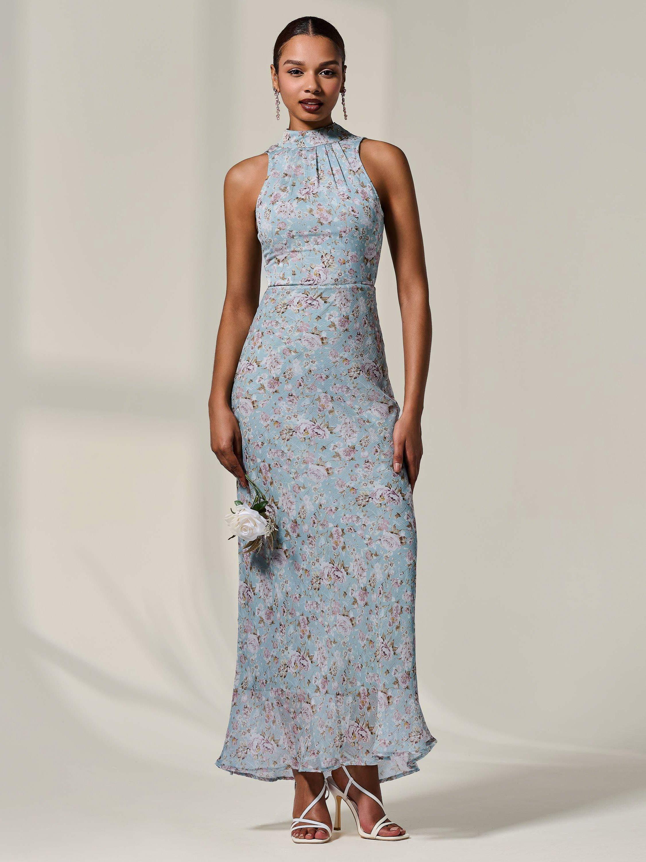 Product image 6 of 6, which shows Jolie Moi Floral Chiffon Halter Neck Dress, Blue/Multi, 8