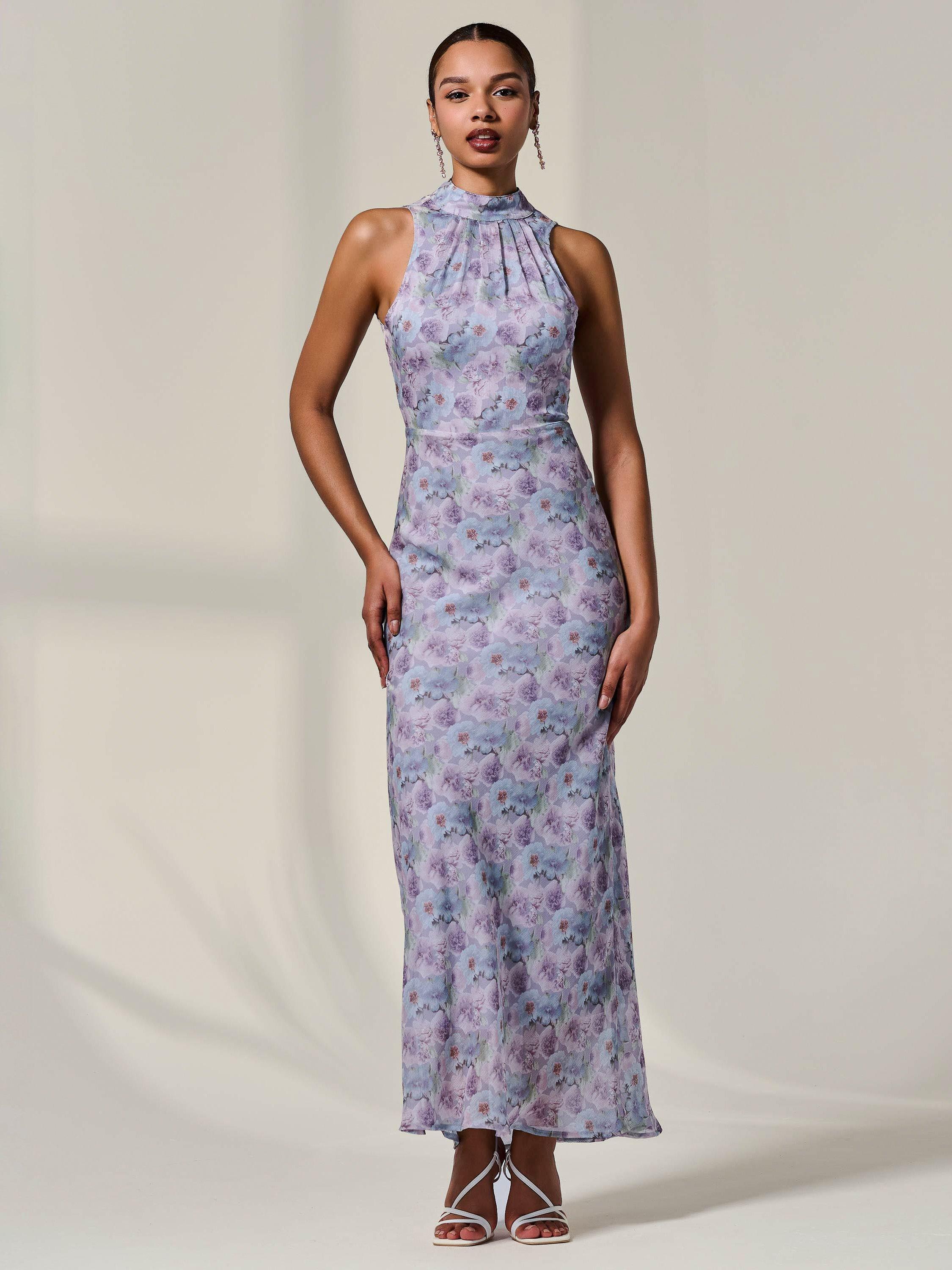 Product image 1 of 6, which shows Jolie Moi Floral Halter Neck Maxi Dress, Purple/Multi, 8