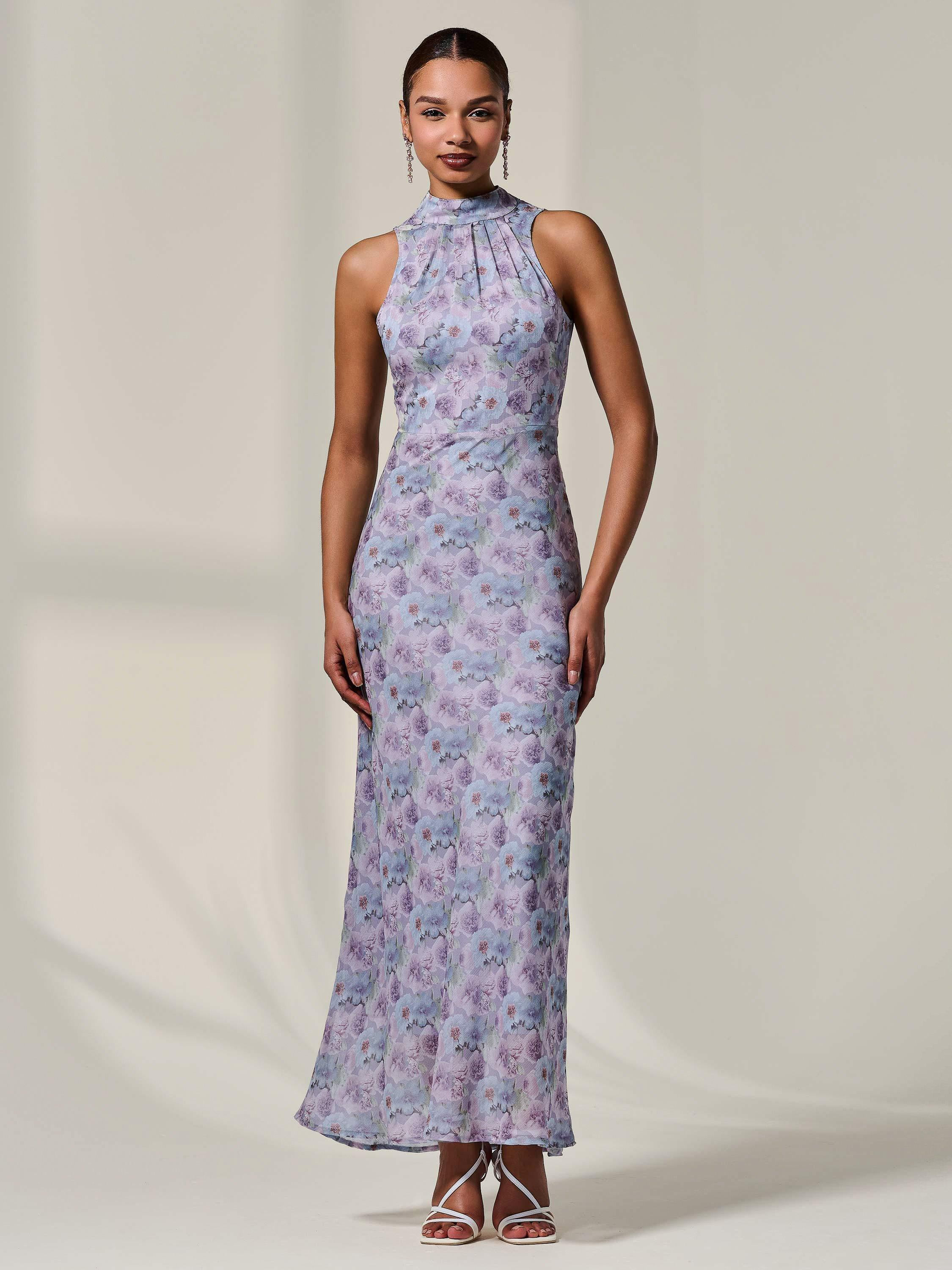 Product image 2 of 6, which shows Jolie Moi Floral Halter Neck Maxi Dress, Purple/Multi, 8