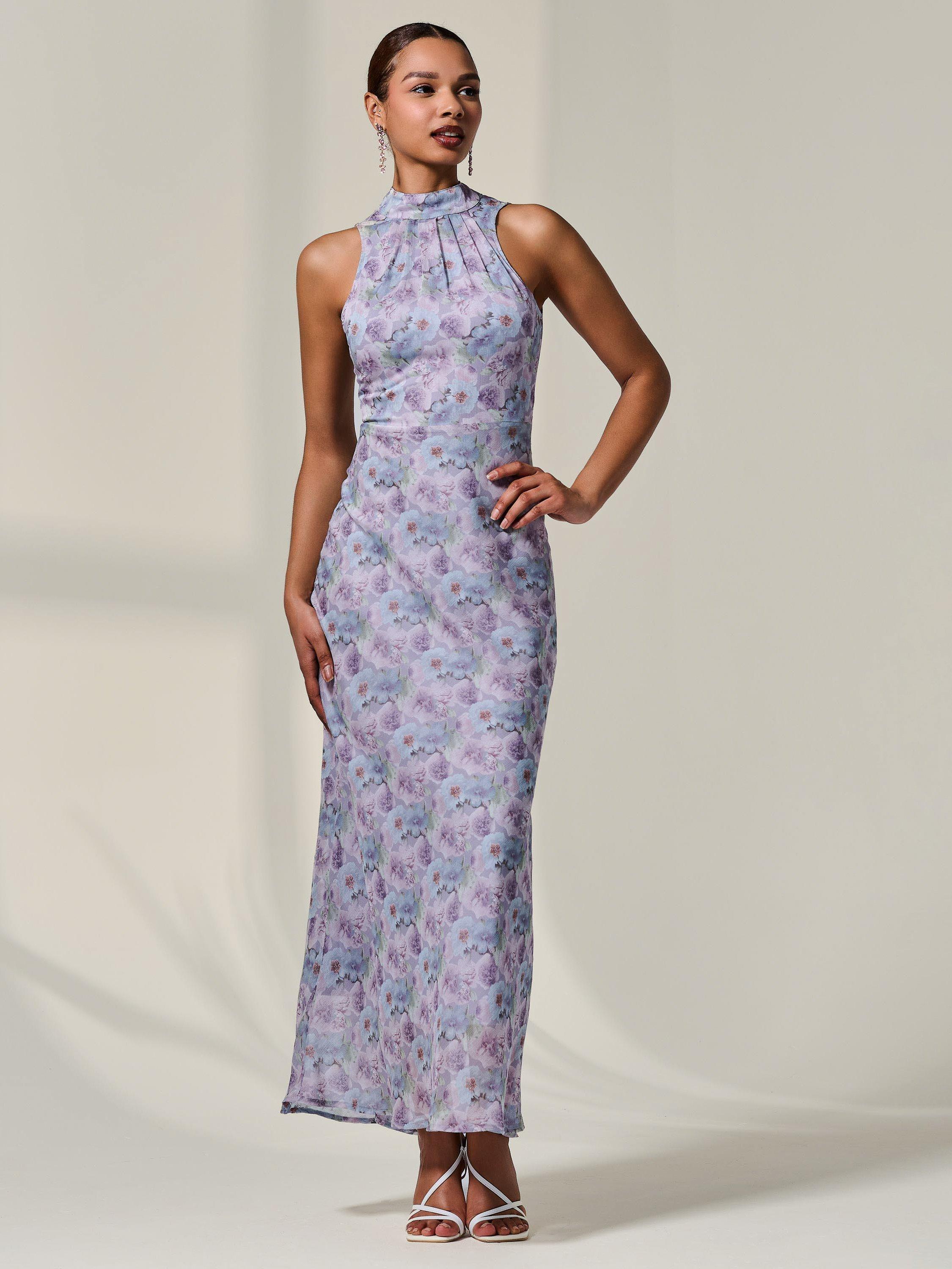 Product image 5 of 6, which shows Jolie Moi Floral Halter Neck Maxi Dress, Purple/Multi, 8