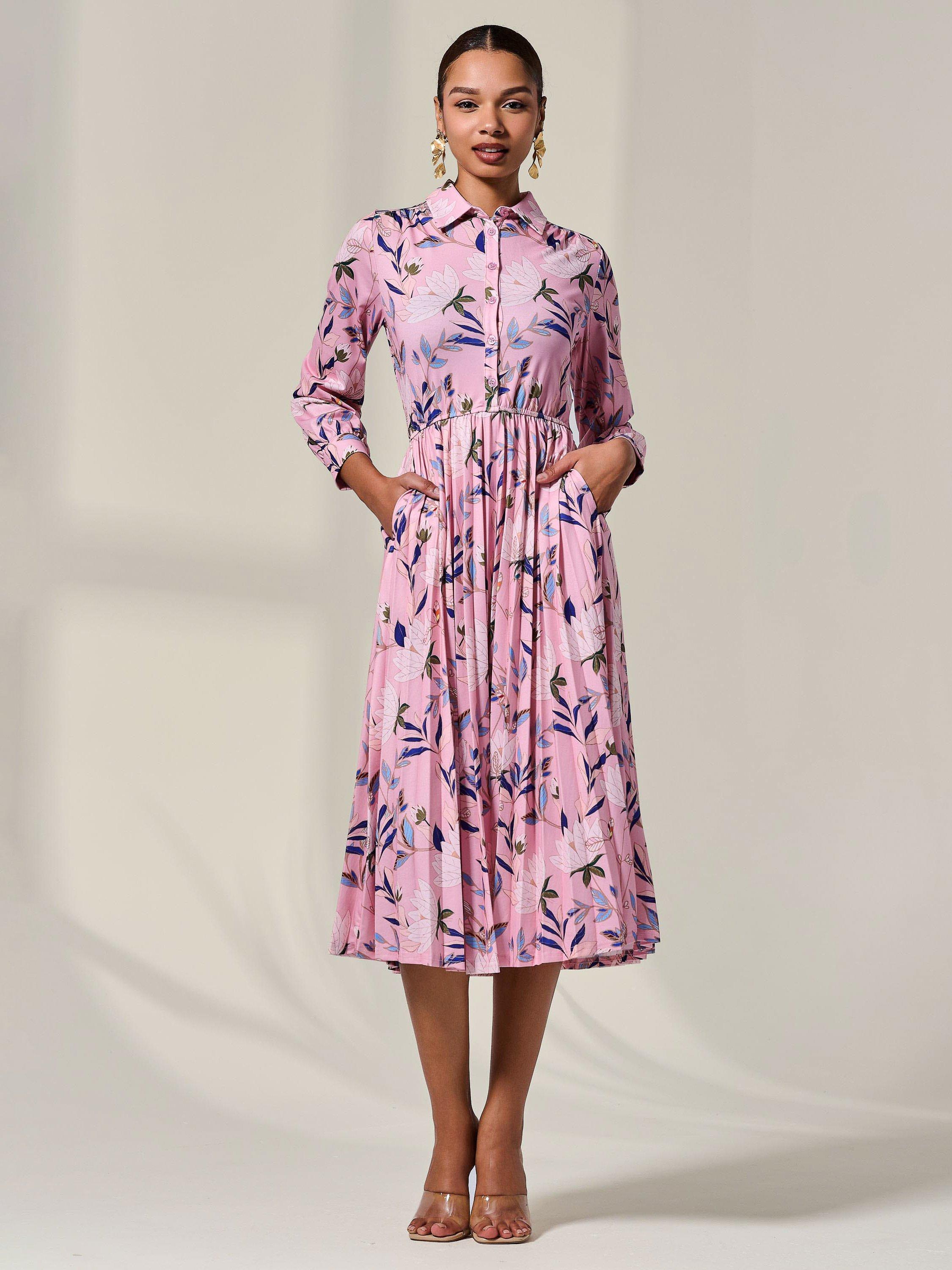 Product image 1 of 6, which shows Jolie Moi Abstract Floral Button Up Midi Dress, Pink/Multi, 8