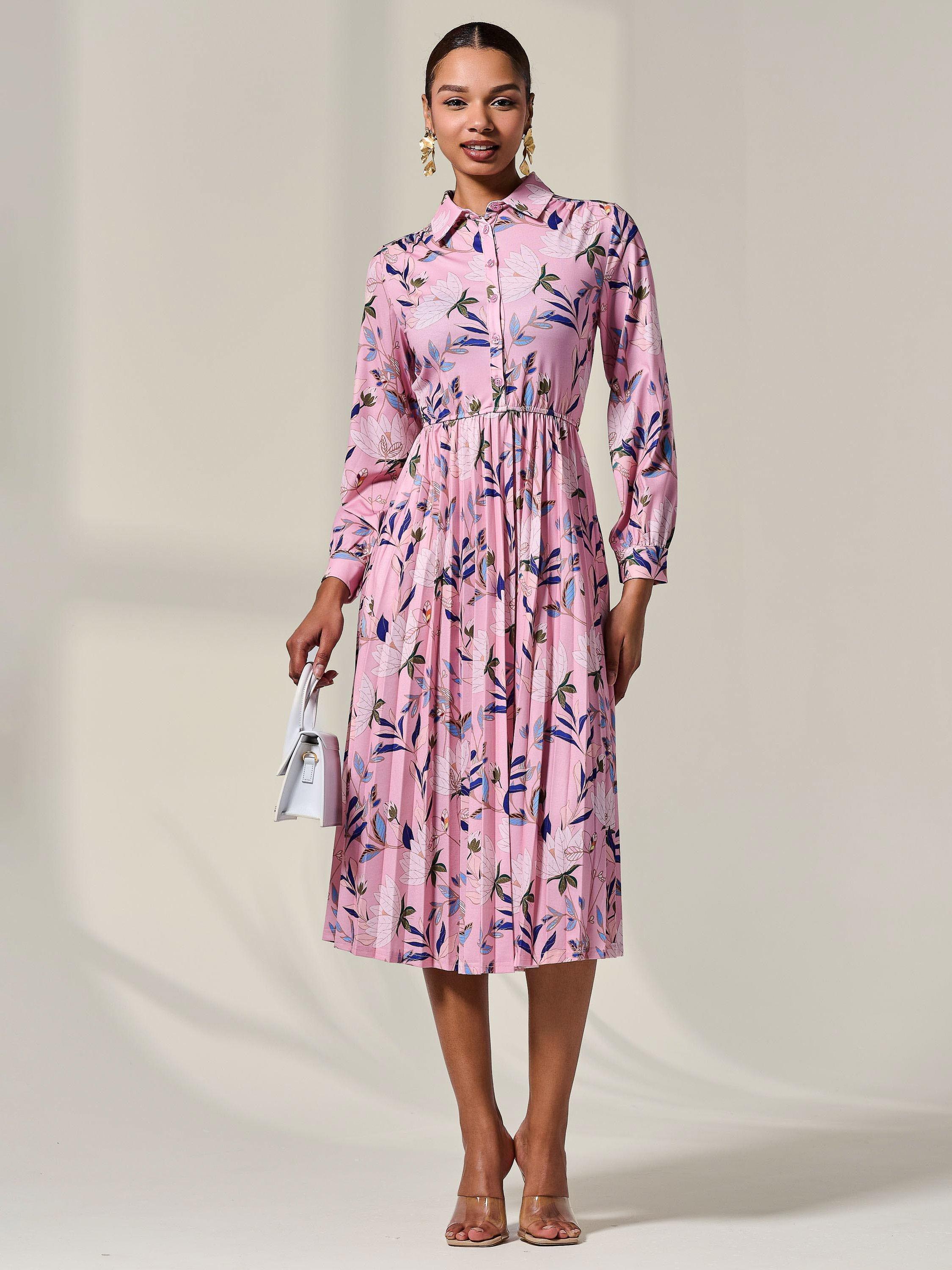 Product image 5 of 6, which shows Jolie Moi Abstract Floral Button Up Midi Dress, Pink/Multi, 8