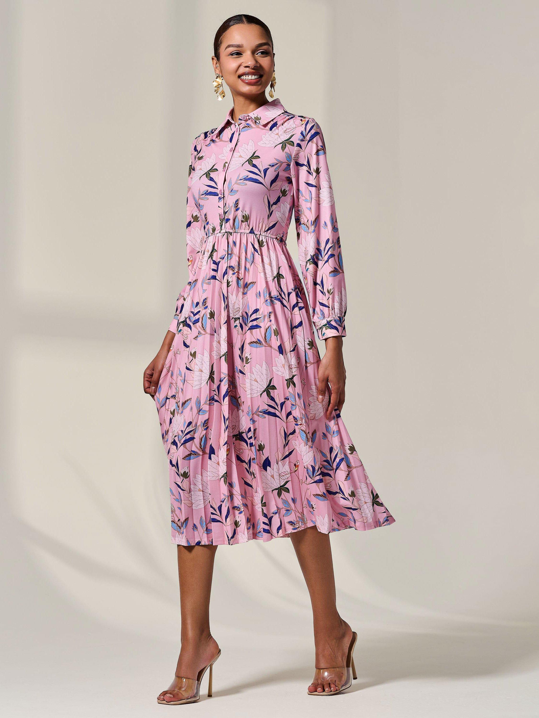 Product image 6 of 6, which shows Jolie Moi Abstract Floral Button Up Midi Dress, Pink/Multi, 8