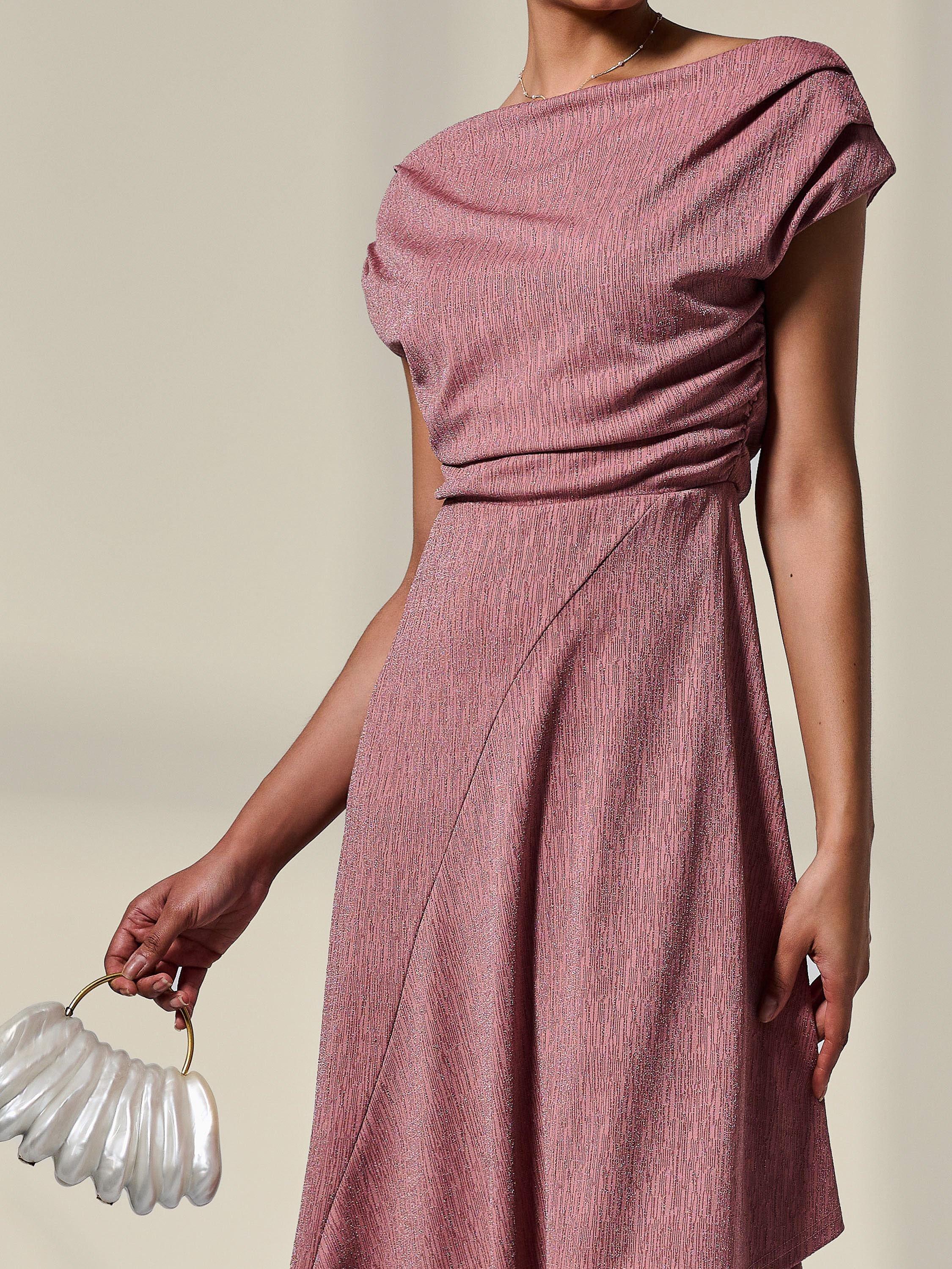 Product image 4 of 6, which shows Jolie Moi Asymmetric Drape Midi Dress, Rosewood, 8