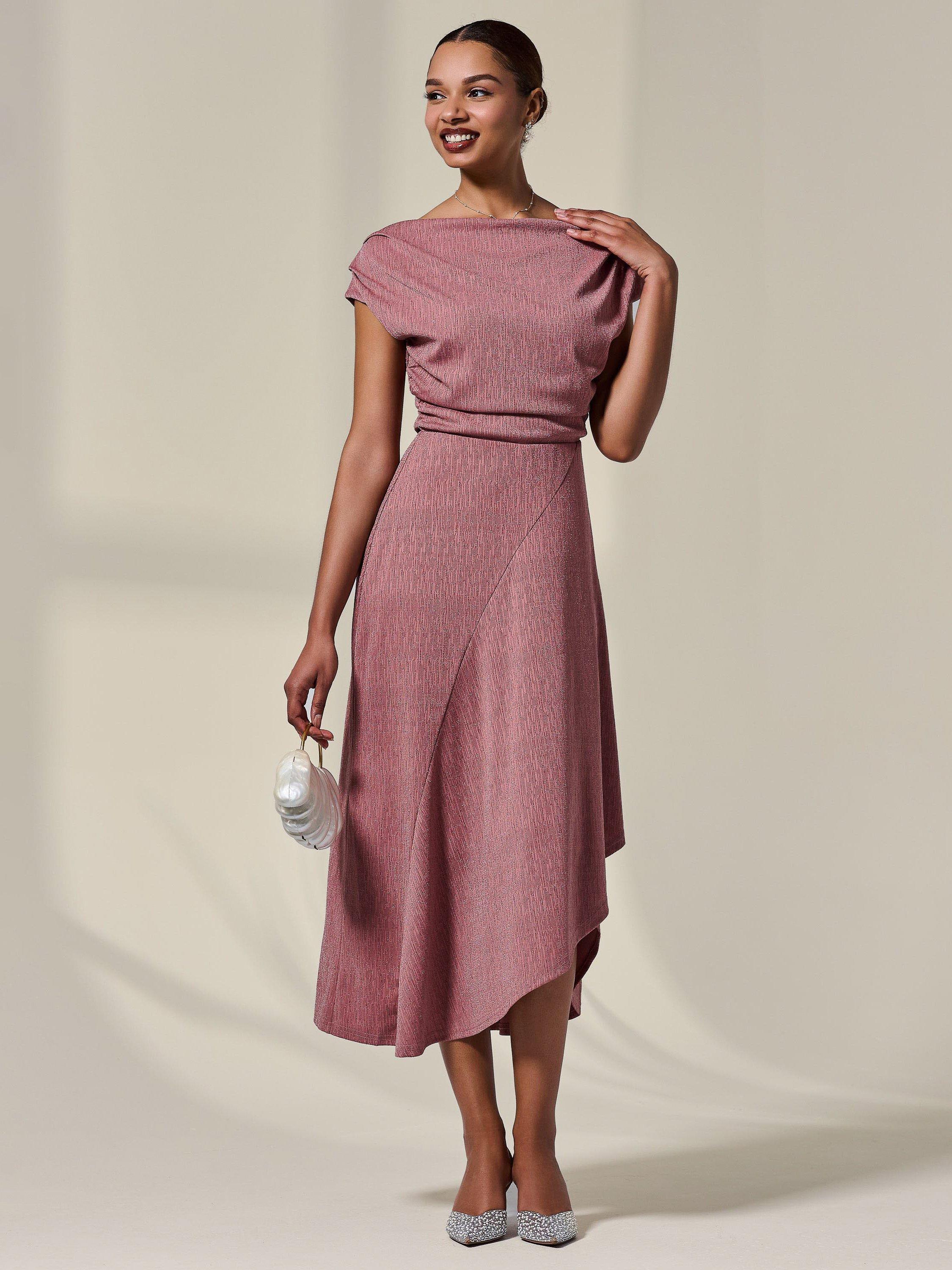 Product image 6 of 6, which shows Jolie Moi Asymmetric Drape Midi Dress, Rosewood, 8