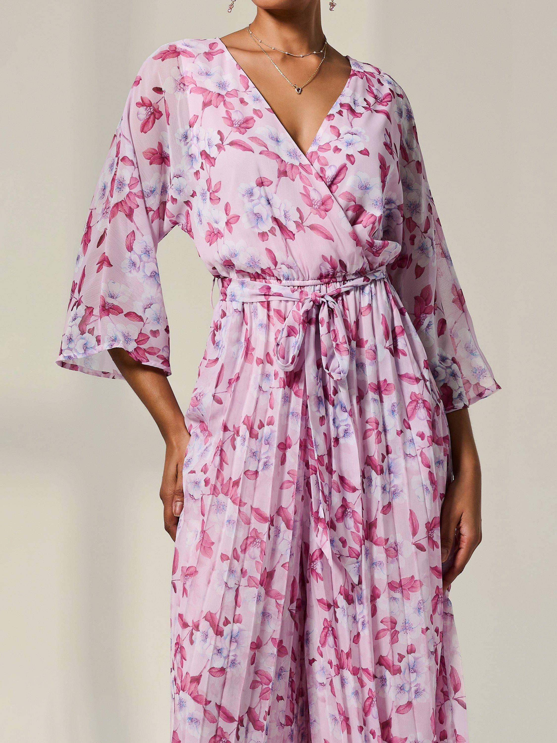 Product image 4 of 6, which shows Jolie Moi Flared Chiffon Jumpsuit, Pink/Multi, 8