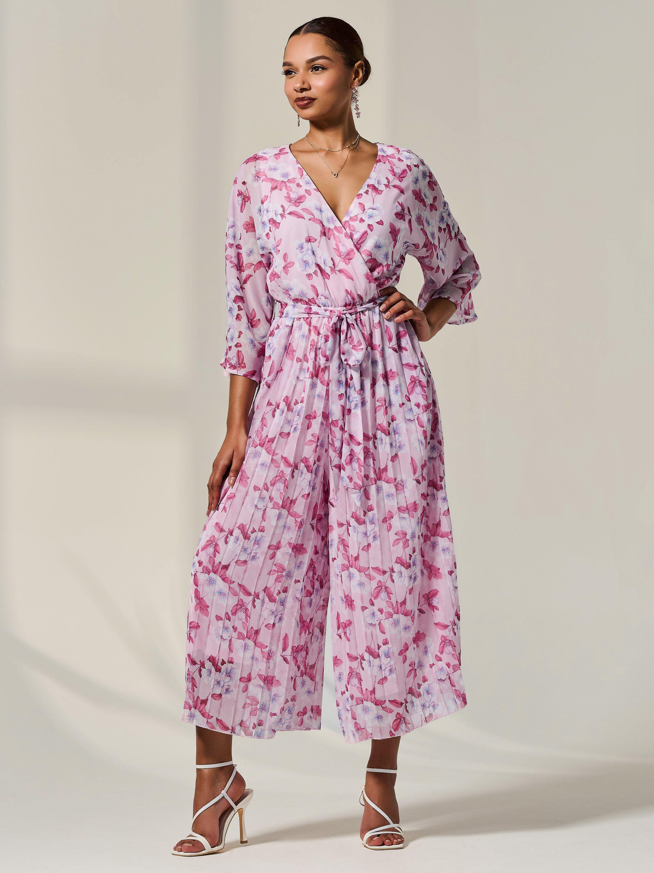 Product image 6 of 6, which shows Jolie Moi Flared Chiffon Jumpsuit, Pink/Multi, 8