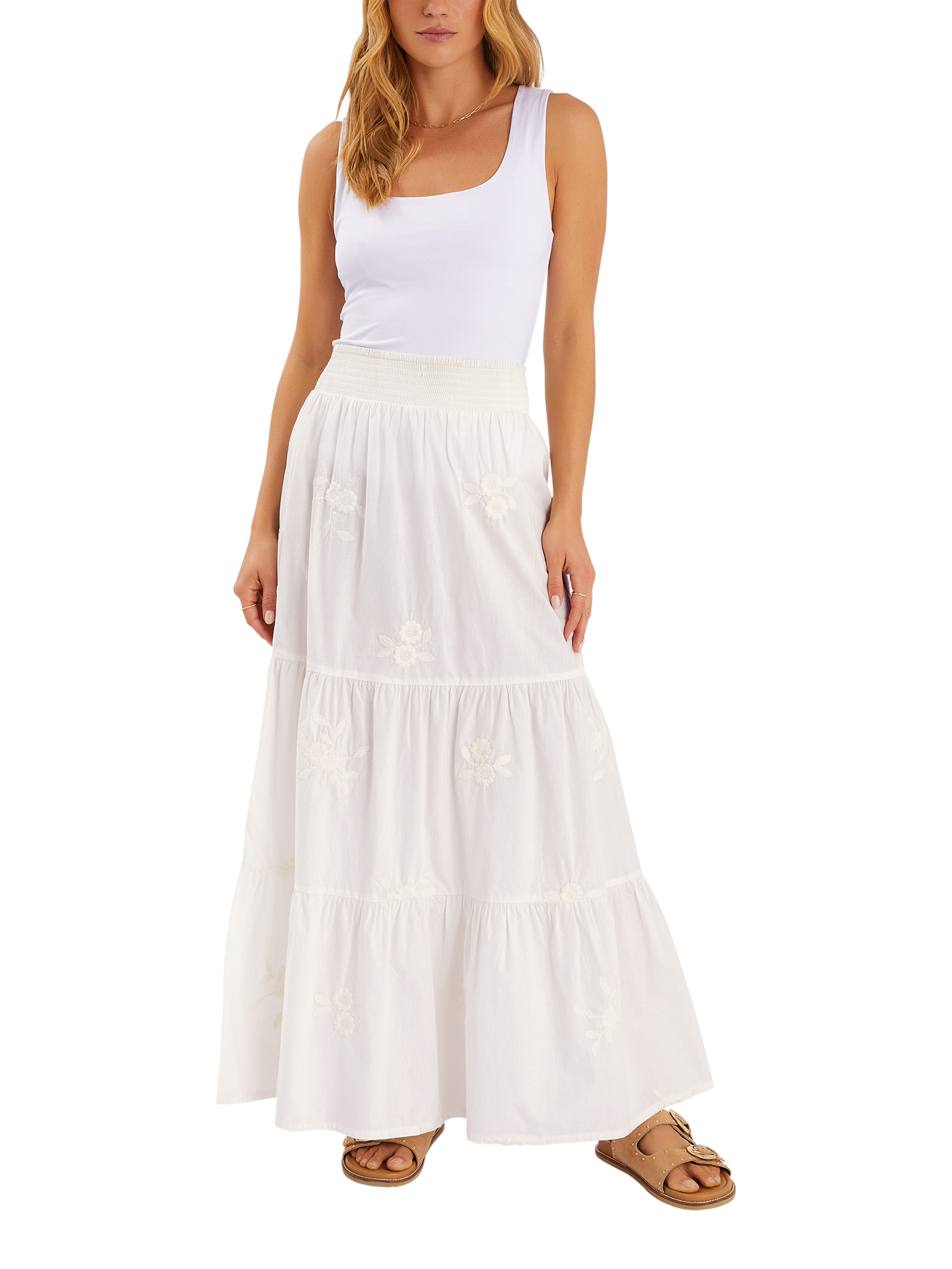 Accessorize Floral Embroidered Tiered Maxi Skirt, White