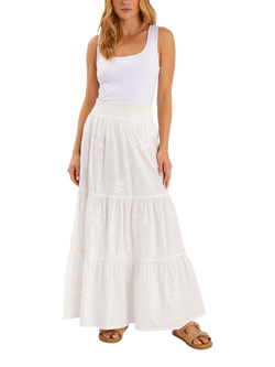 Accessorize Floral Embroidered Tiered Maxi Skirt, White, White