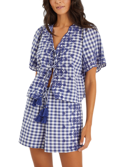 Accessorize Gingham Embroidered Shorts, Blue, Blue