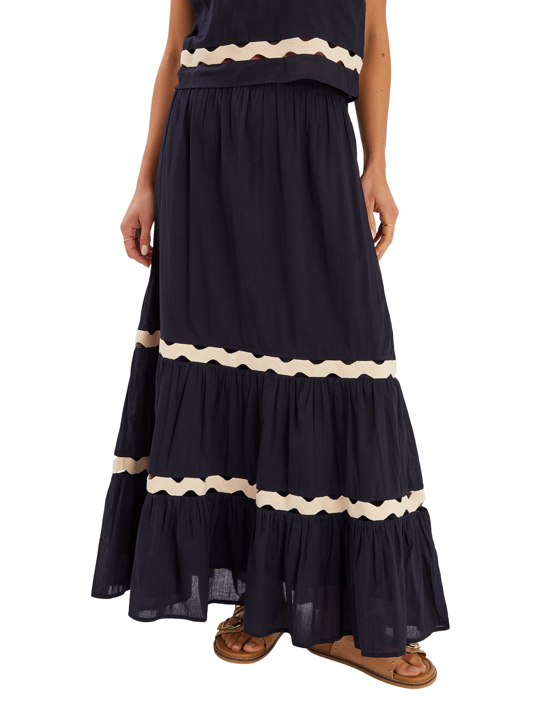 Product image 1 of 4, which shows Accessorize Ric Rac Tiered Maxi Skirt, Black, S