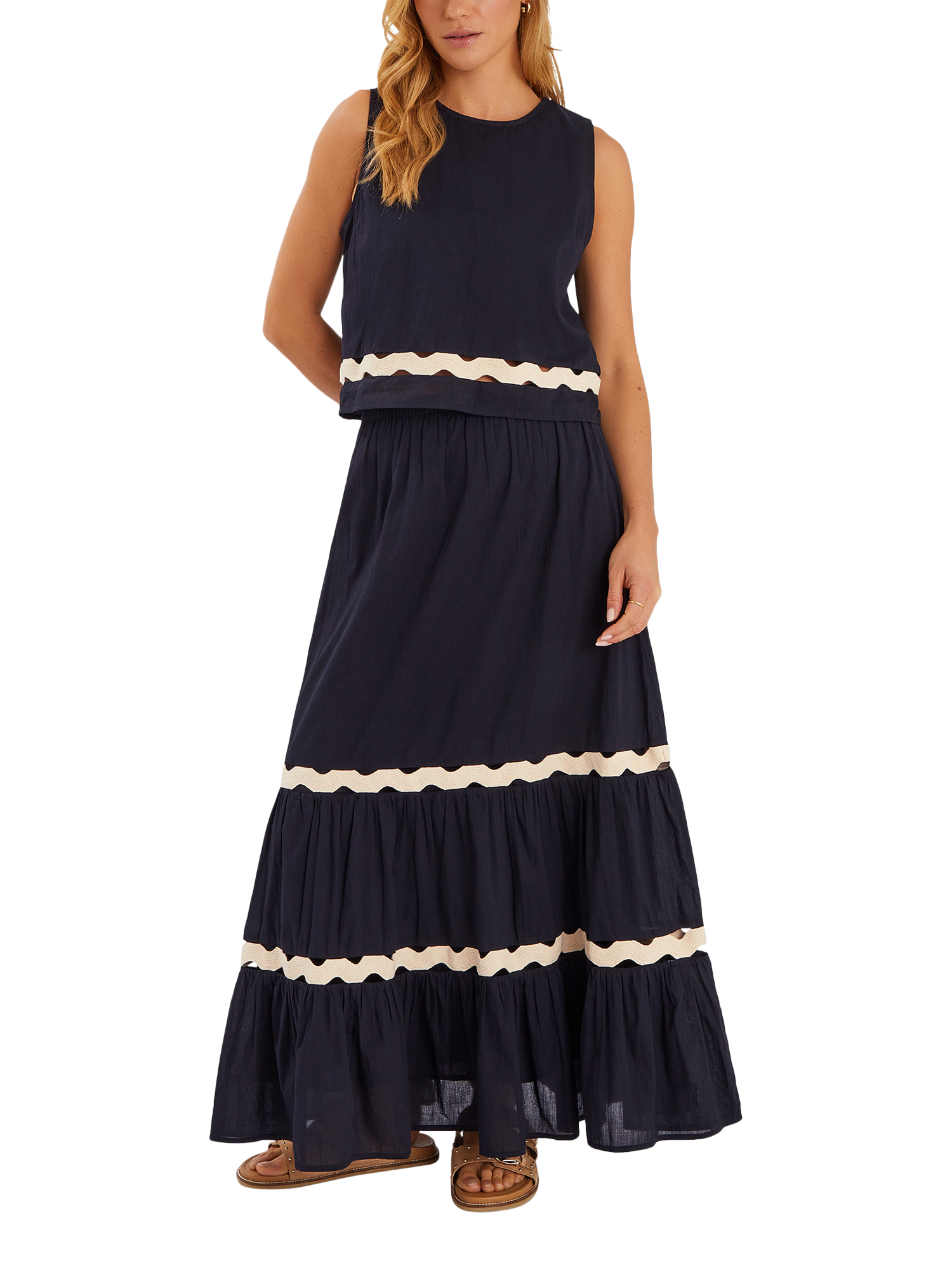 Product image 3 of 4, which shows Accessorize Ric Rac Tiered Maxi Skirt, Black, S