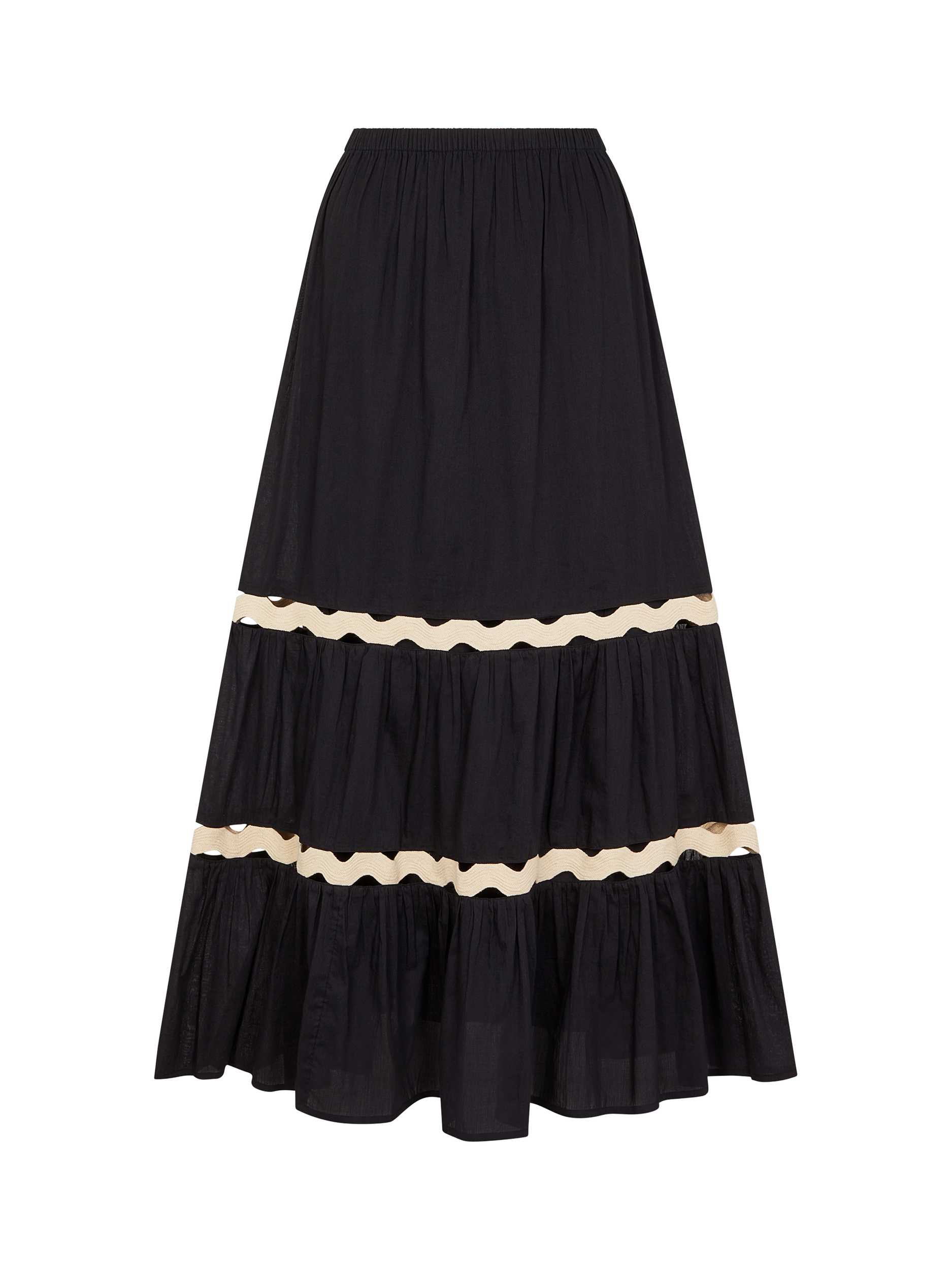Product image 4 of 4, which shows Accessorize Ric Rac Tiered Maxi Skirt, Black, S