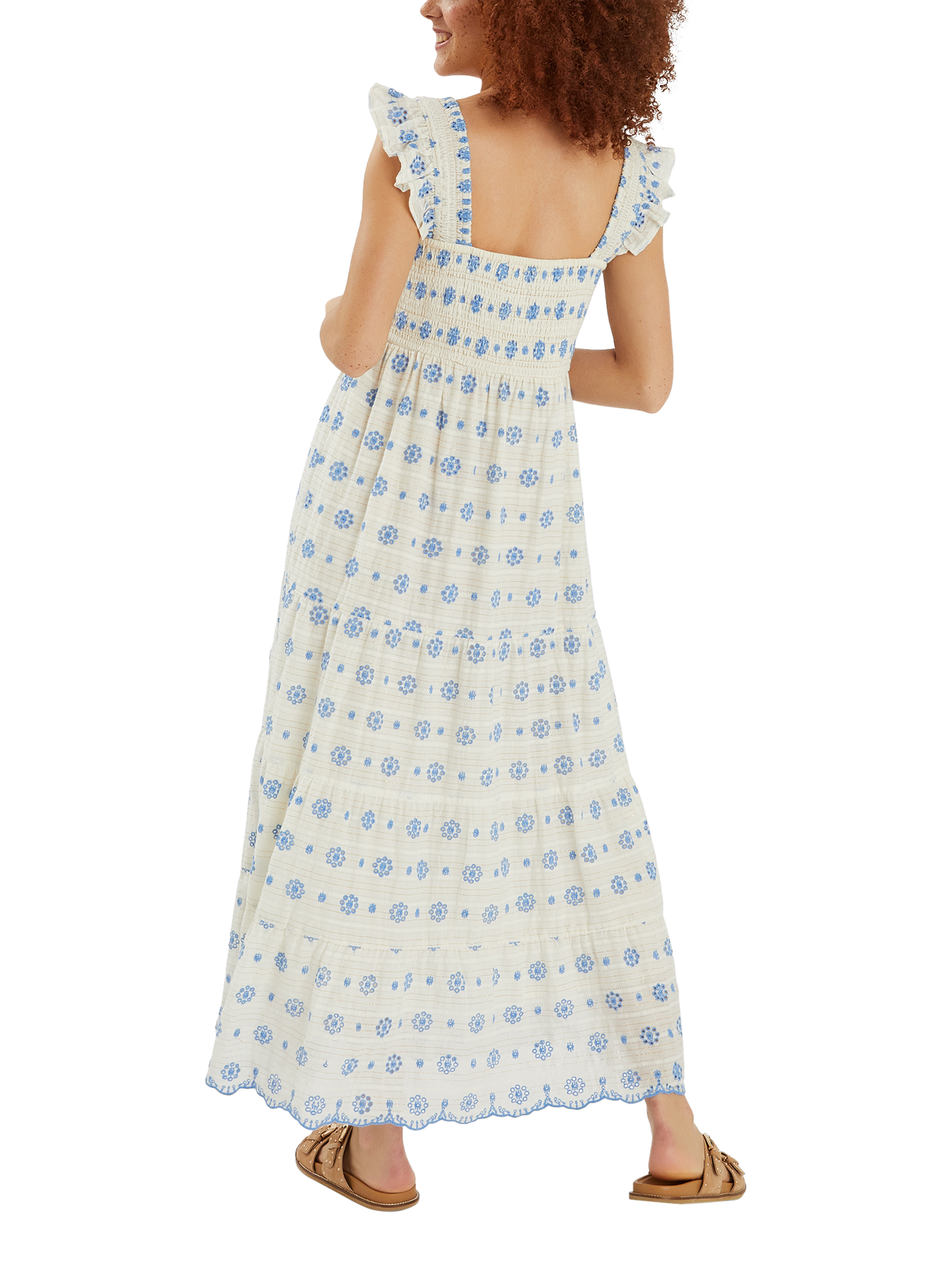 Product image 2 of 4, which shows Accessorize Broderie Smocked Metallic Maxi Dress, White, M
