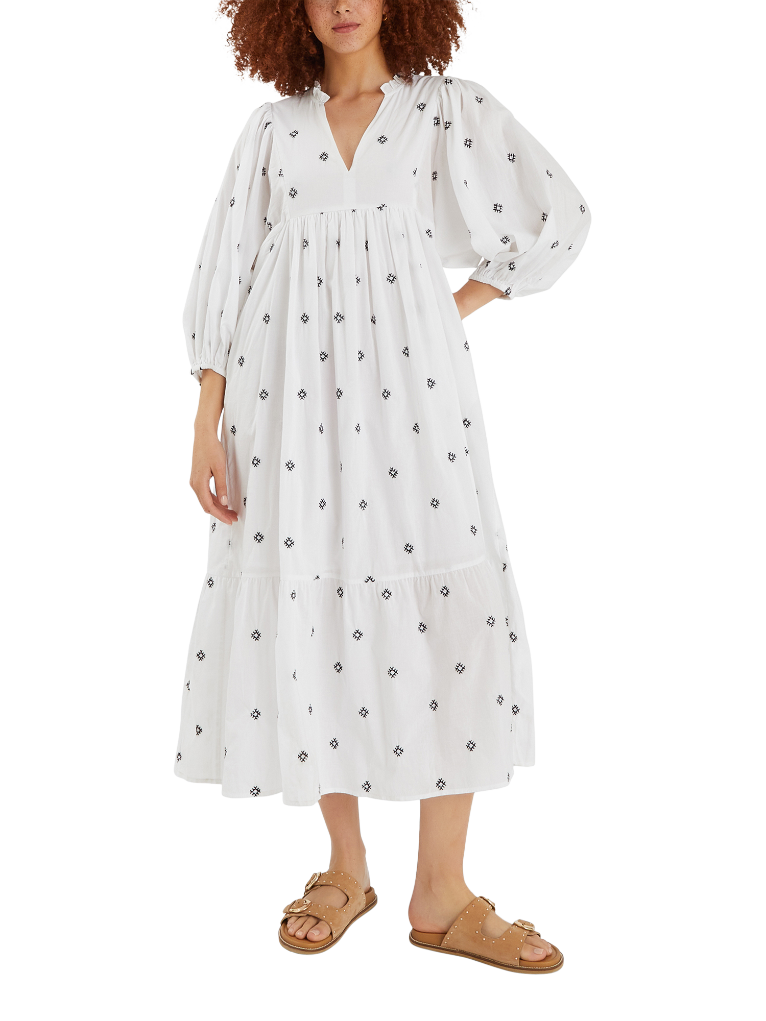 Product image 1 of 4, which shows Accessorize Embroidered Long Sleeve Maxi Dress, White, S