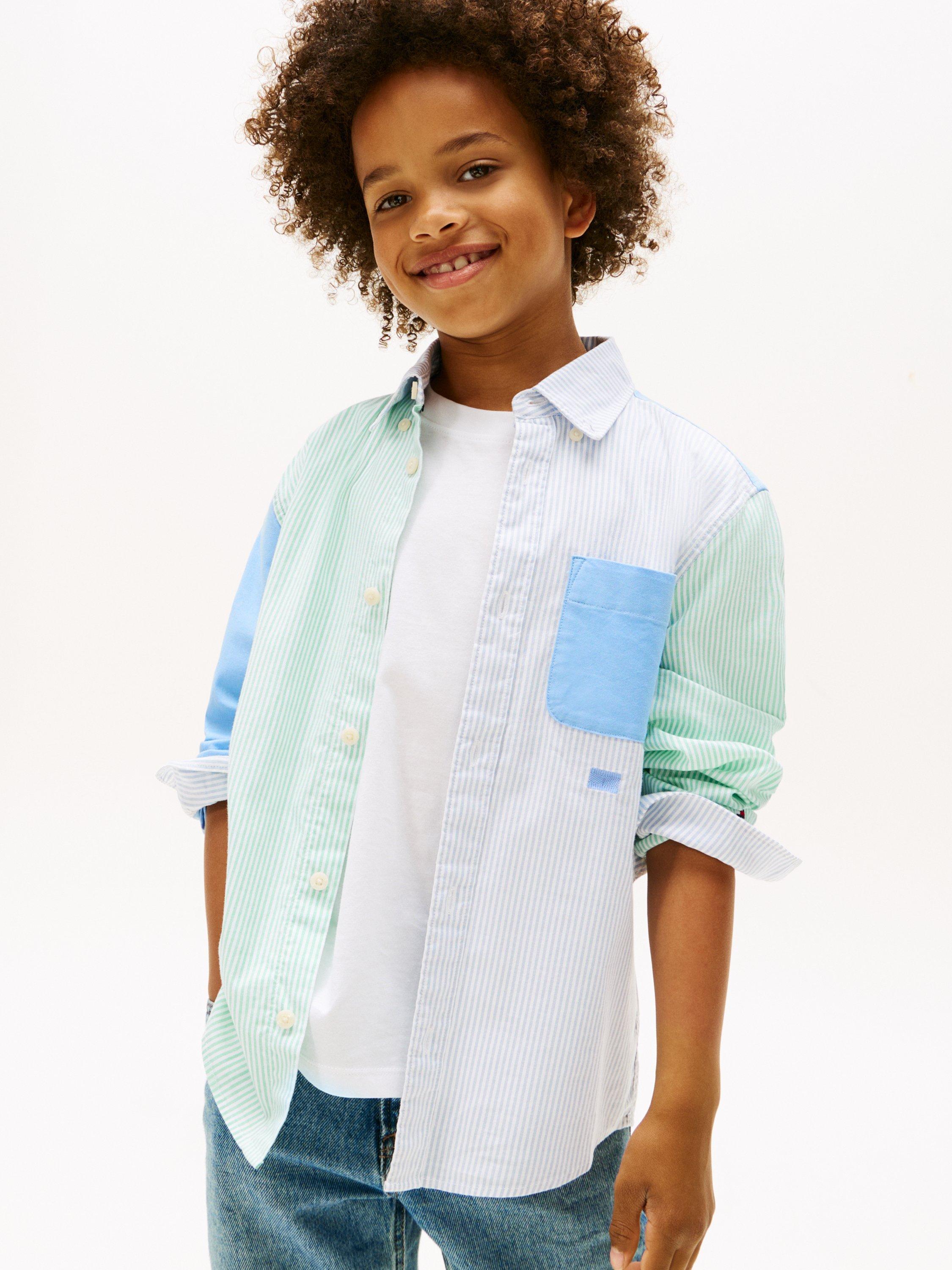 Product image 1 of 4, which shows Tommy Hilfiger Kids' Cotton Striped Oxford Shirt, Blue Light, 3Y