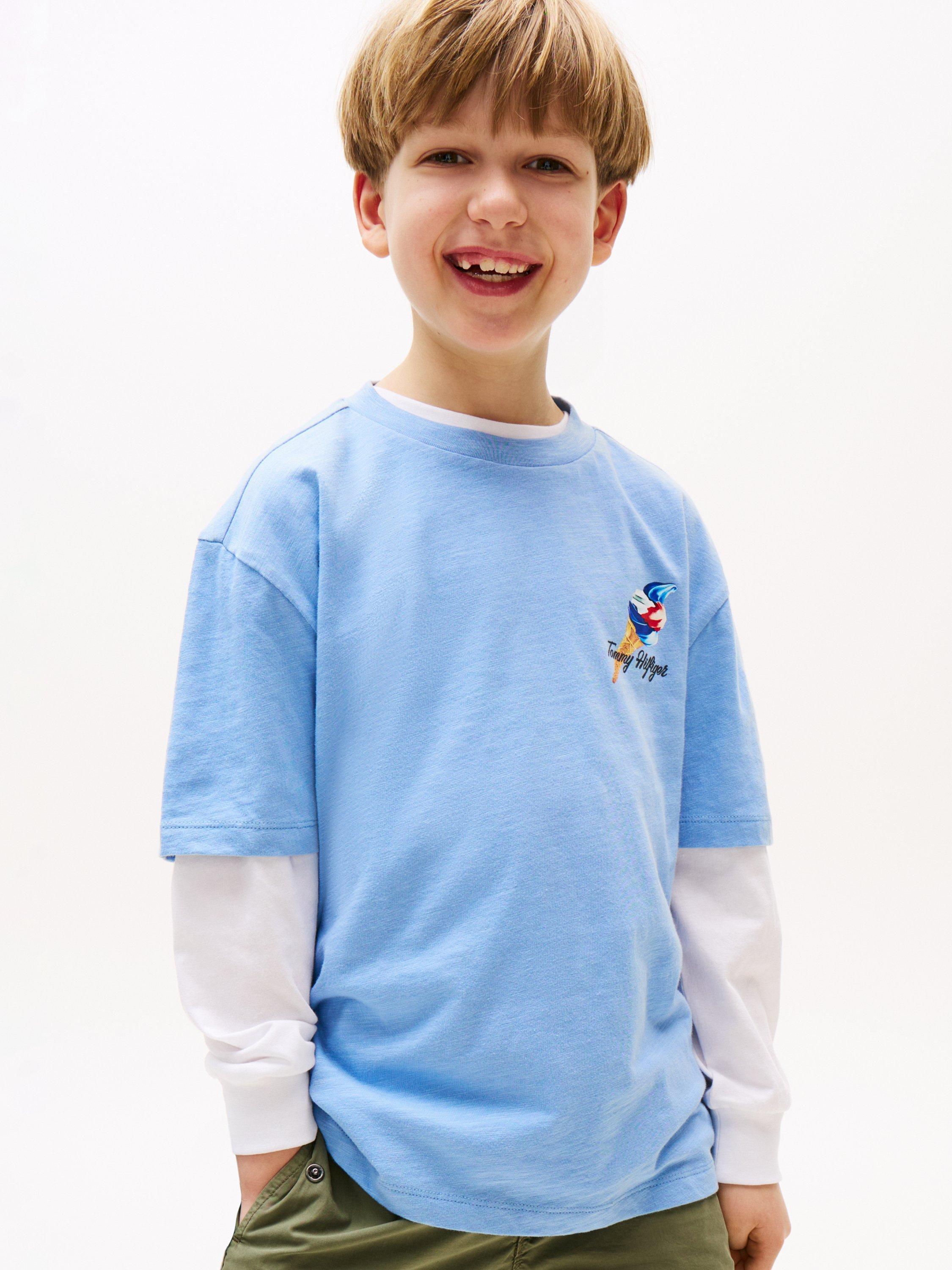 Product image 1 of 5, which shows Tommy Hilfiger Kids' Archive Cotton Ice Cream T-Shirt, Cloudy Blue, 3 years