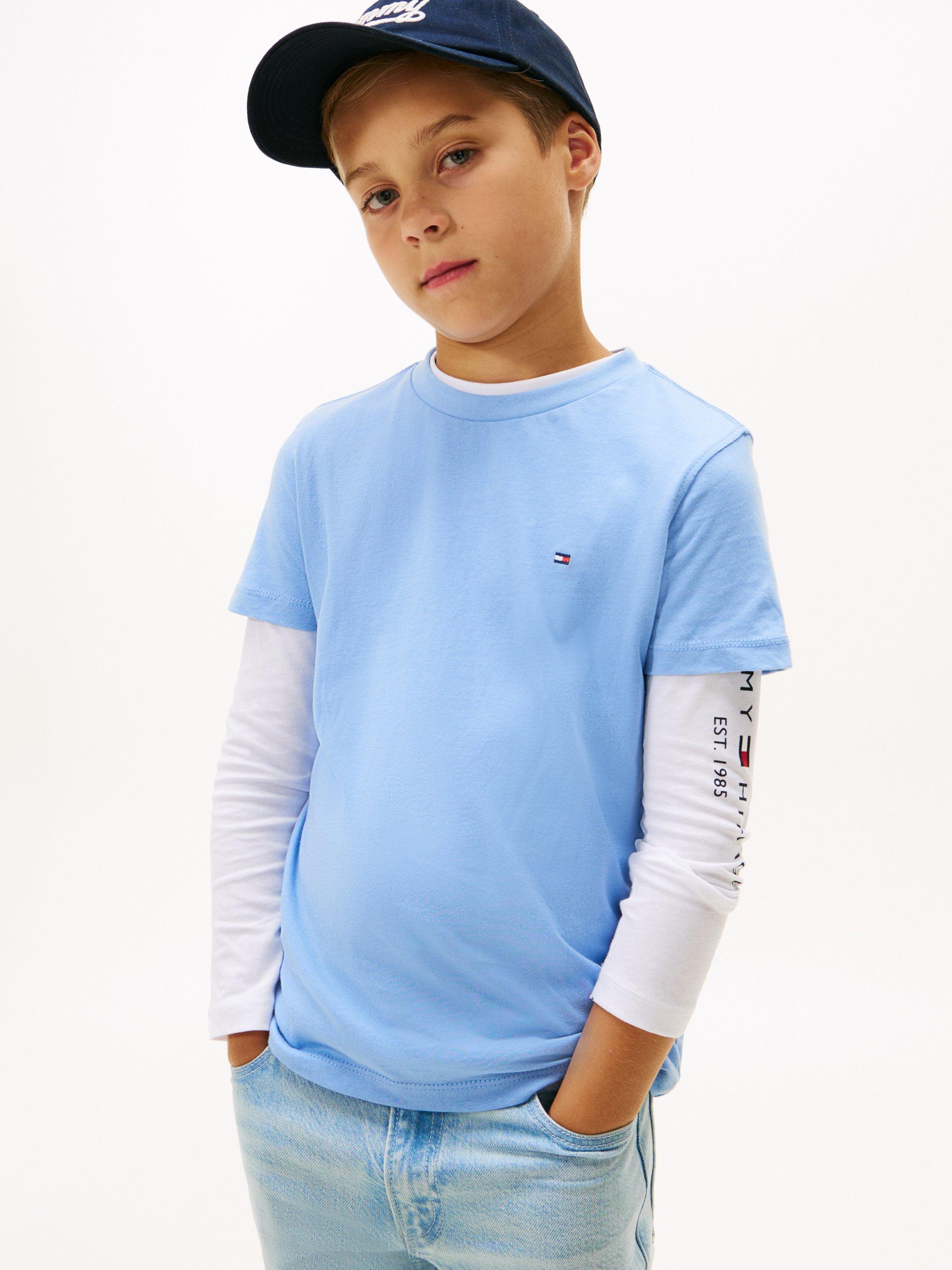 Tommy Hilfiger Kids' Cotton Crew Neck Striped T-Shirt, Cloudy Blue