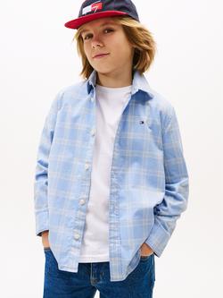 Tommy Hilfiger Kid's' Cotton Long Sleeved Checked Shirt, Cloudy Blue Check, Cloudy Blue Check