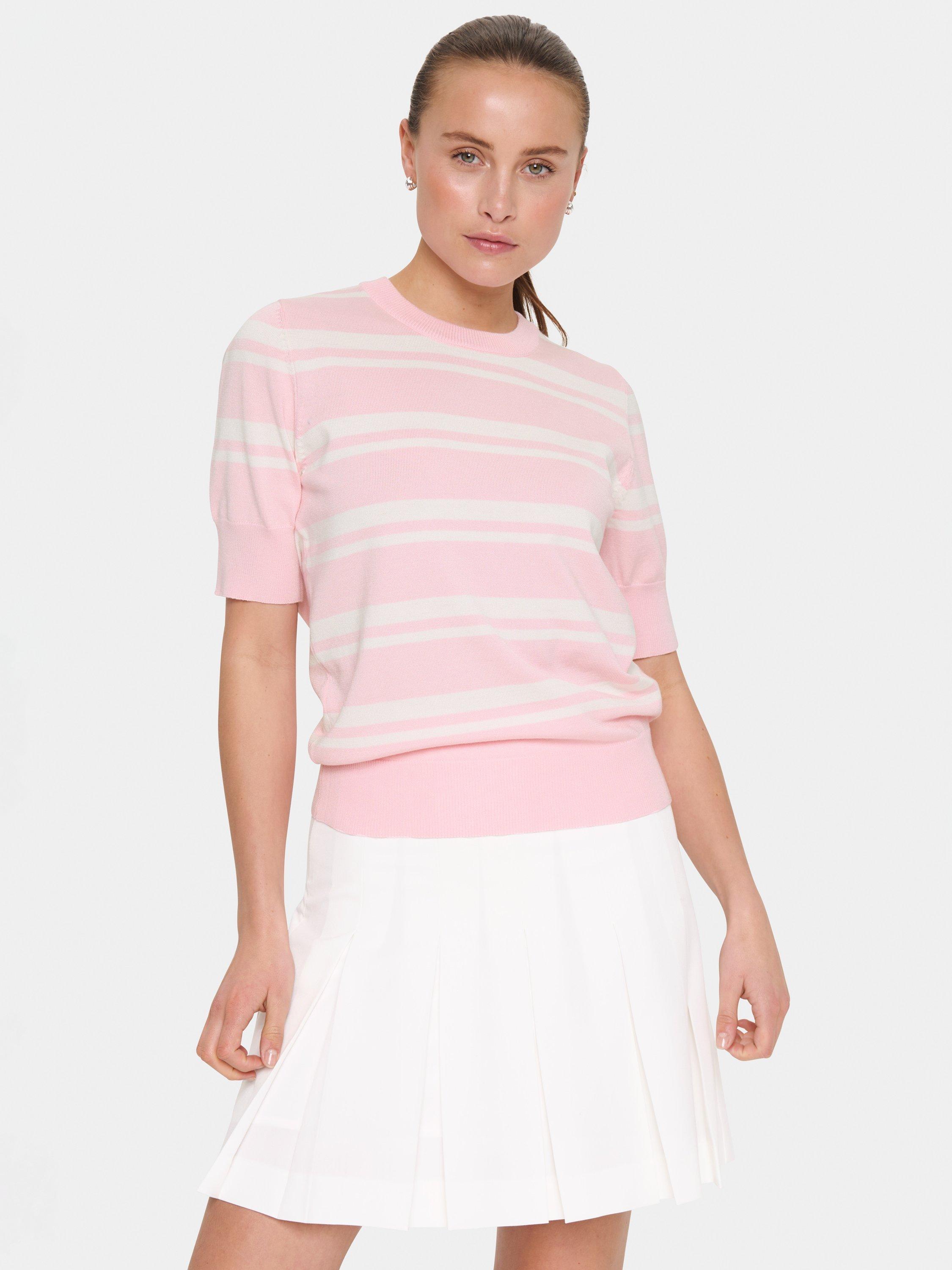 Product image 1 of 5, which shows Saint Tropez MilanaSZ Short Sleeve Classic Pullover Jumper, Pink/White, XS